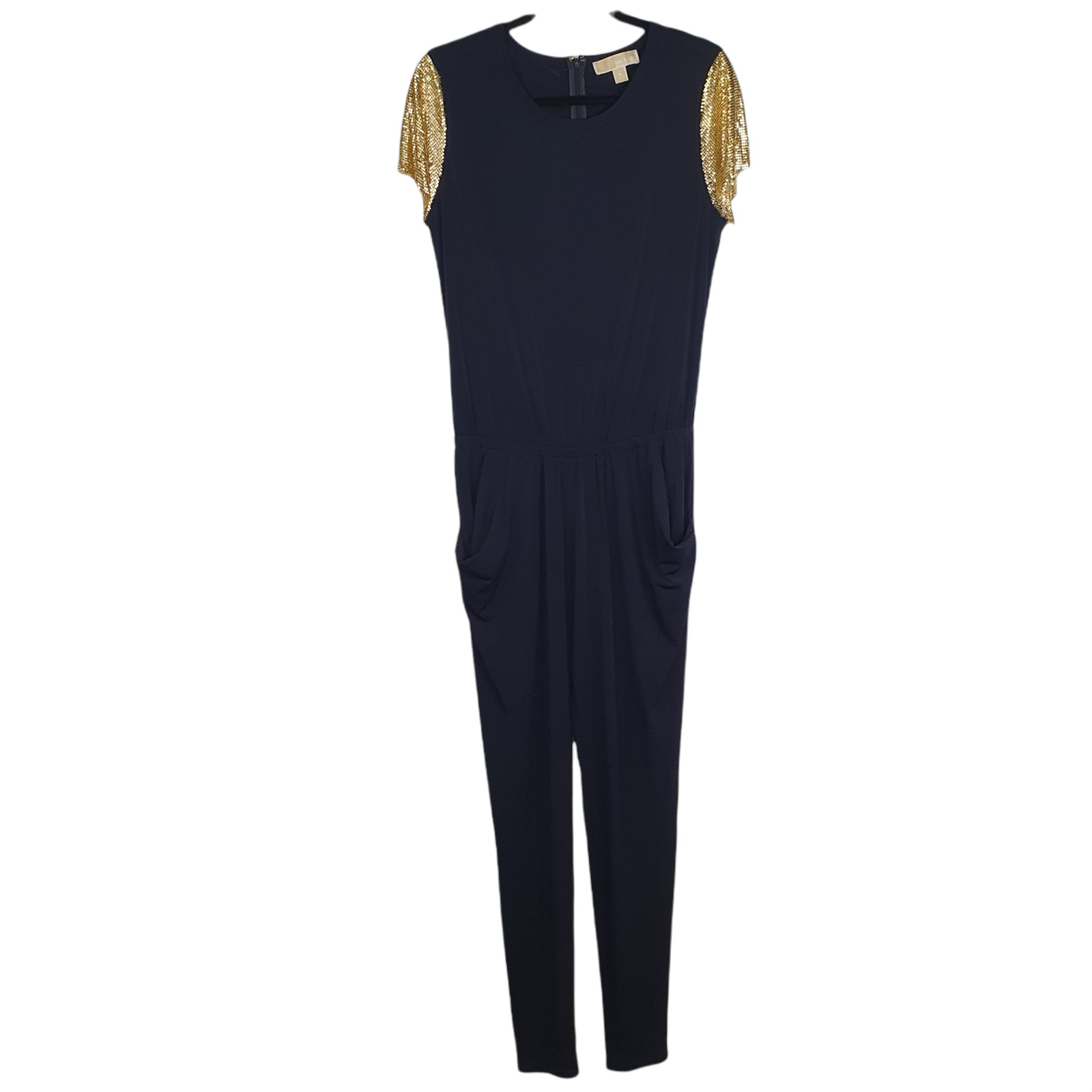 Michael Kors Stretch Navy Blue Metallic Gold Pantsuit Jumpsuit Pockets Medium
