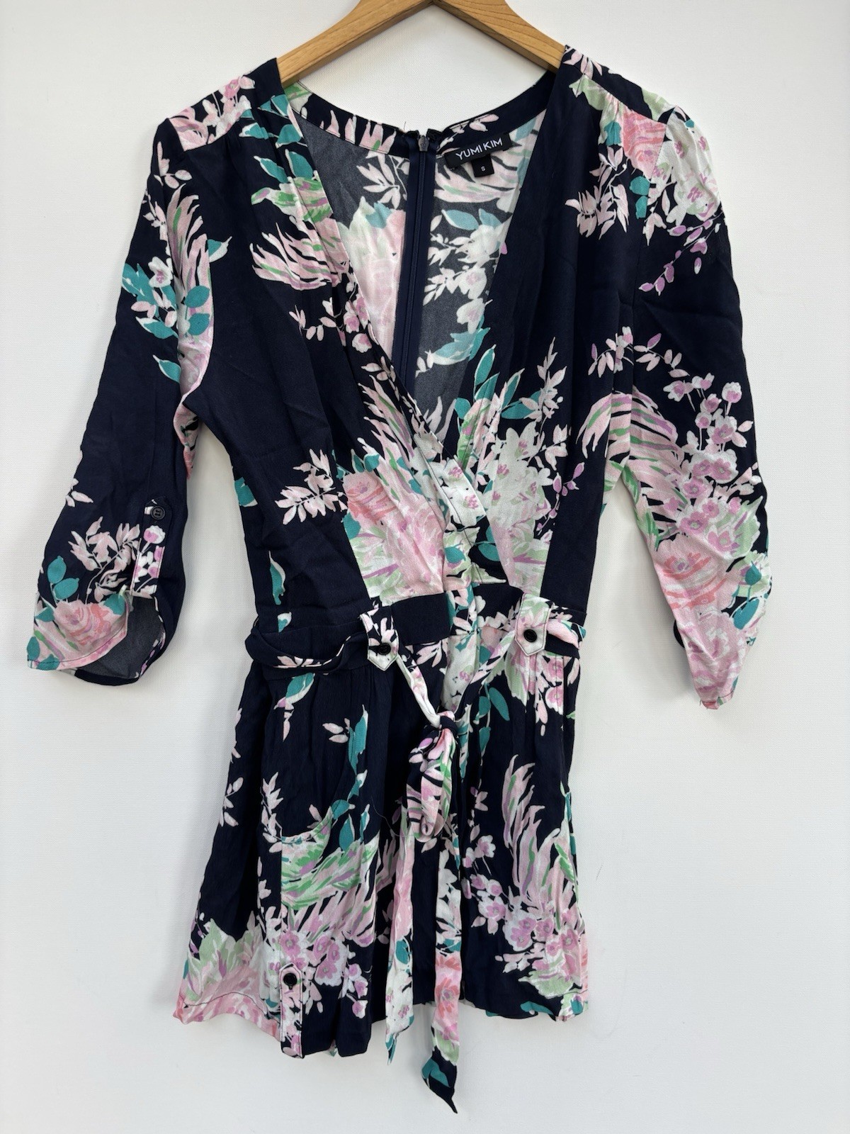 Yumi Kim Romper Small Black Pink Blue Floral V Neck Loose Fit