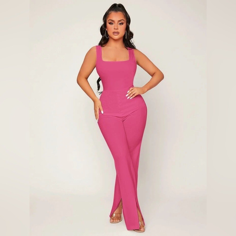 Shein Fuchsia Hot Pink Slit Hem Flare Legged Stretch Sexy Jumpsuit Large 8 10