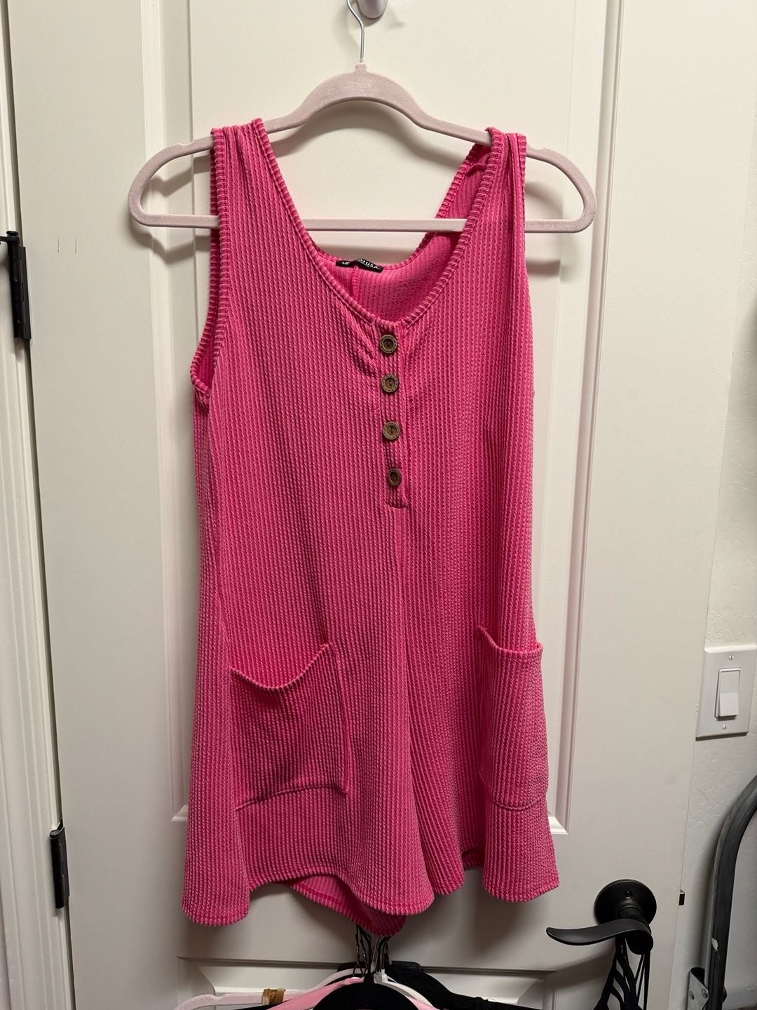 HL USA Pink Ribbed Textured Button-Front Tank Romper with Pockets