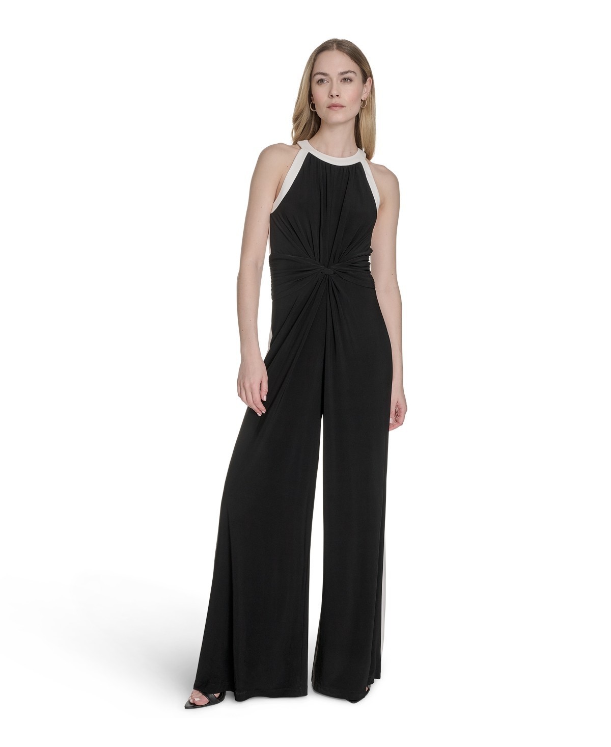 Vince Camuto Halter Twist Front Wide Leg Jumpsuit Women’s XL Black/Ivory Zip
