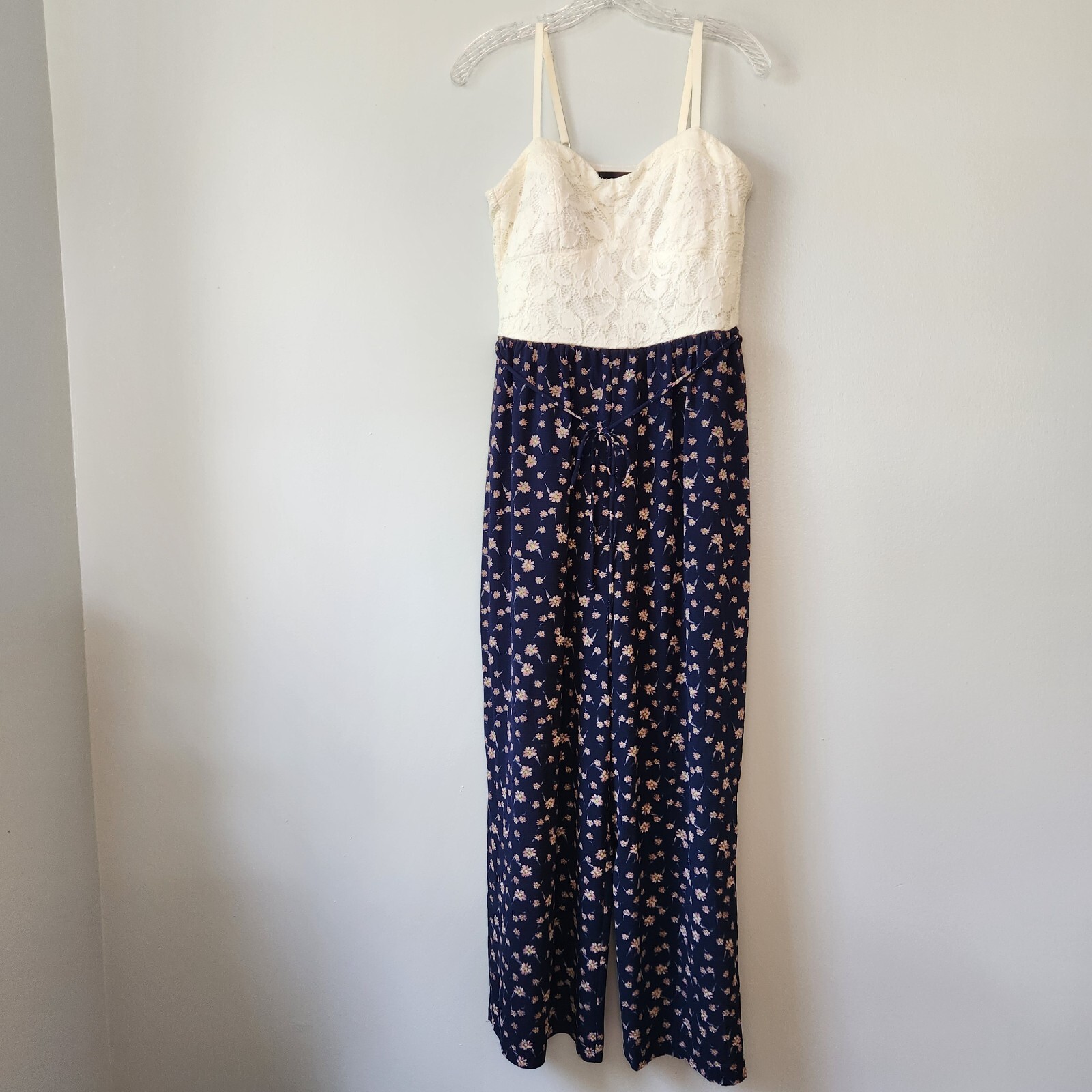 As U Wish Jumpsuit Women’s L Navy Floral White Crochet Bodice Boho Cottagecore