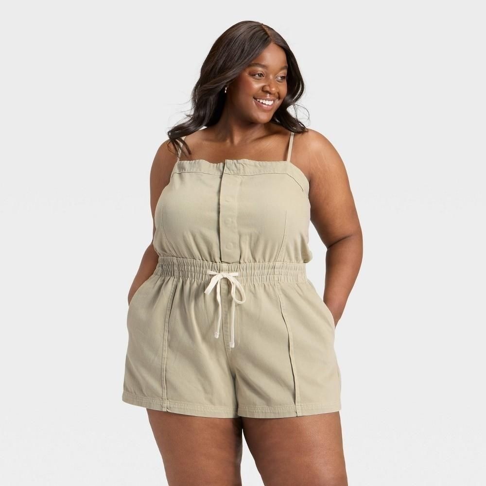 Universal Thread Womens XXL Khaki Green Utility Romper Sleeveless Button Front