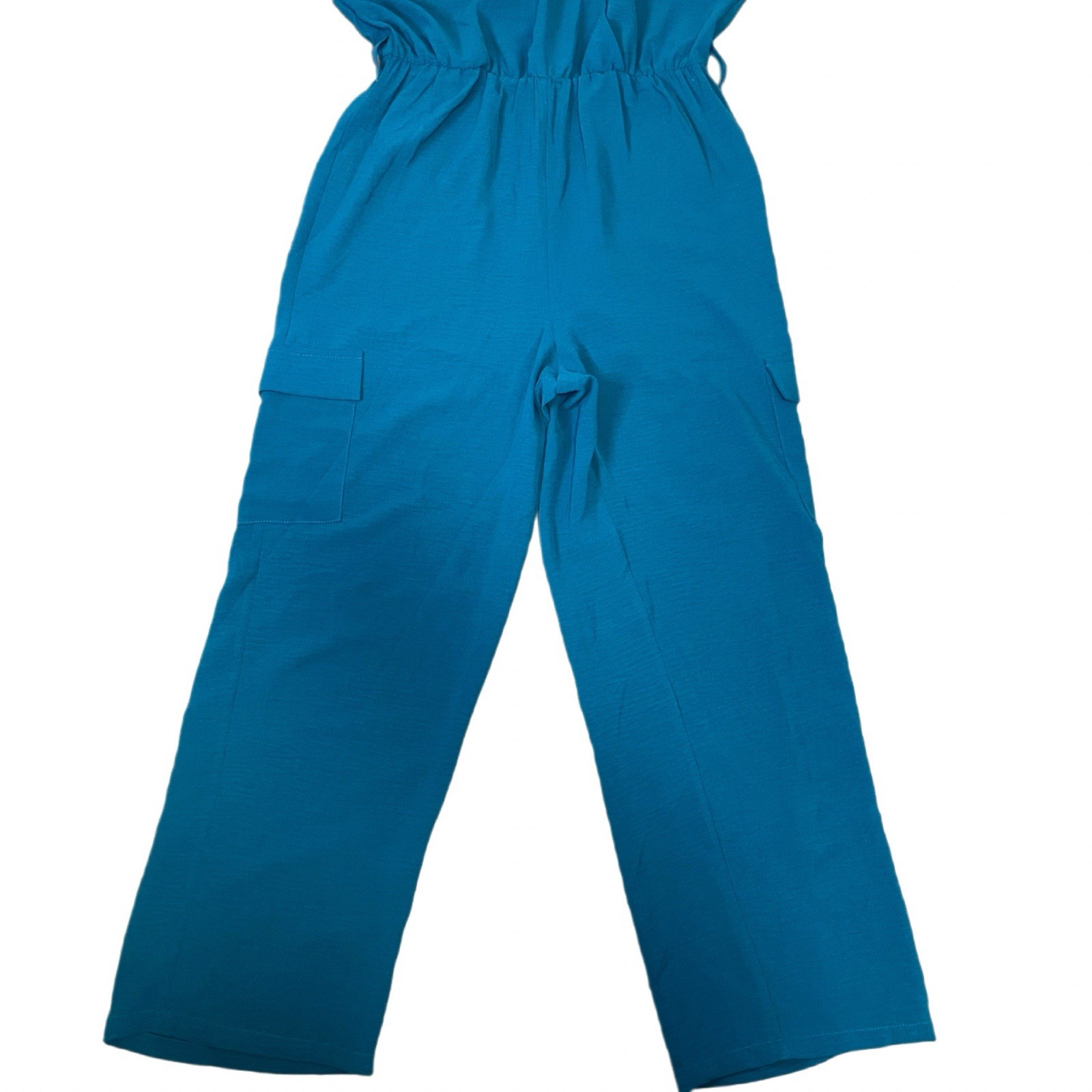 Fred David Women’s M Teal Crinkle Wrap Wide Leg Cargo Jumpsuit V-Neck Belted