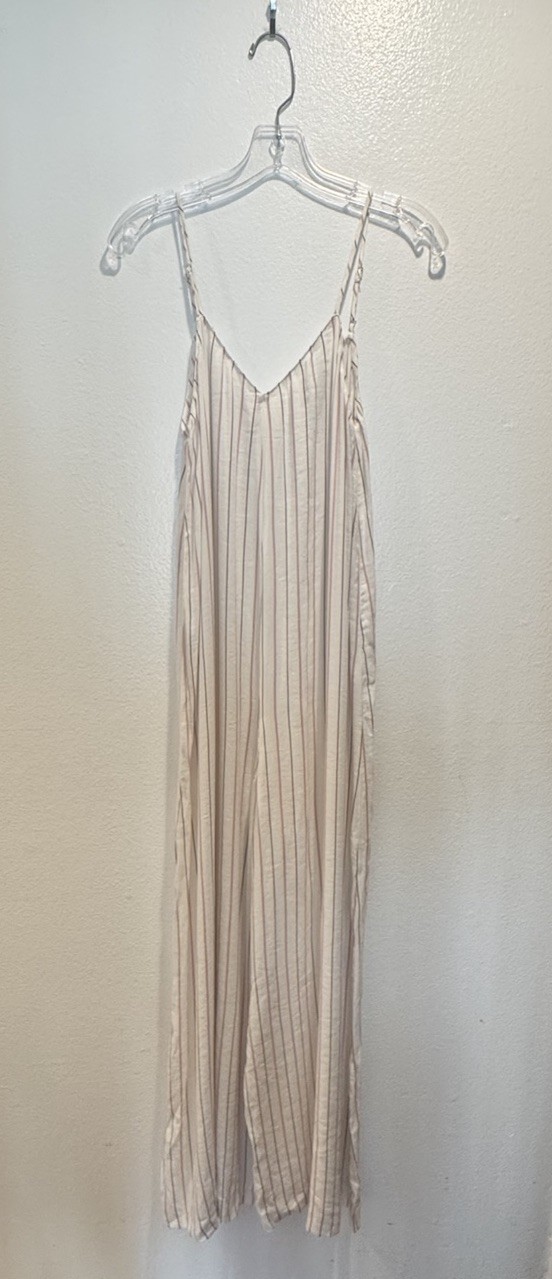 Zara TRF Striped Jumpsuit Womens Size Medium Linen Blend Off White Pink Wide Leg
