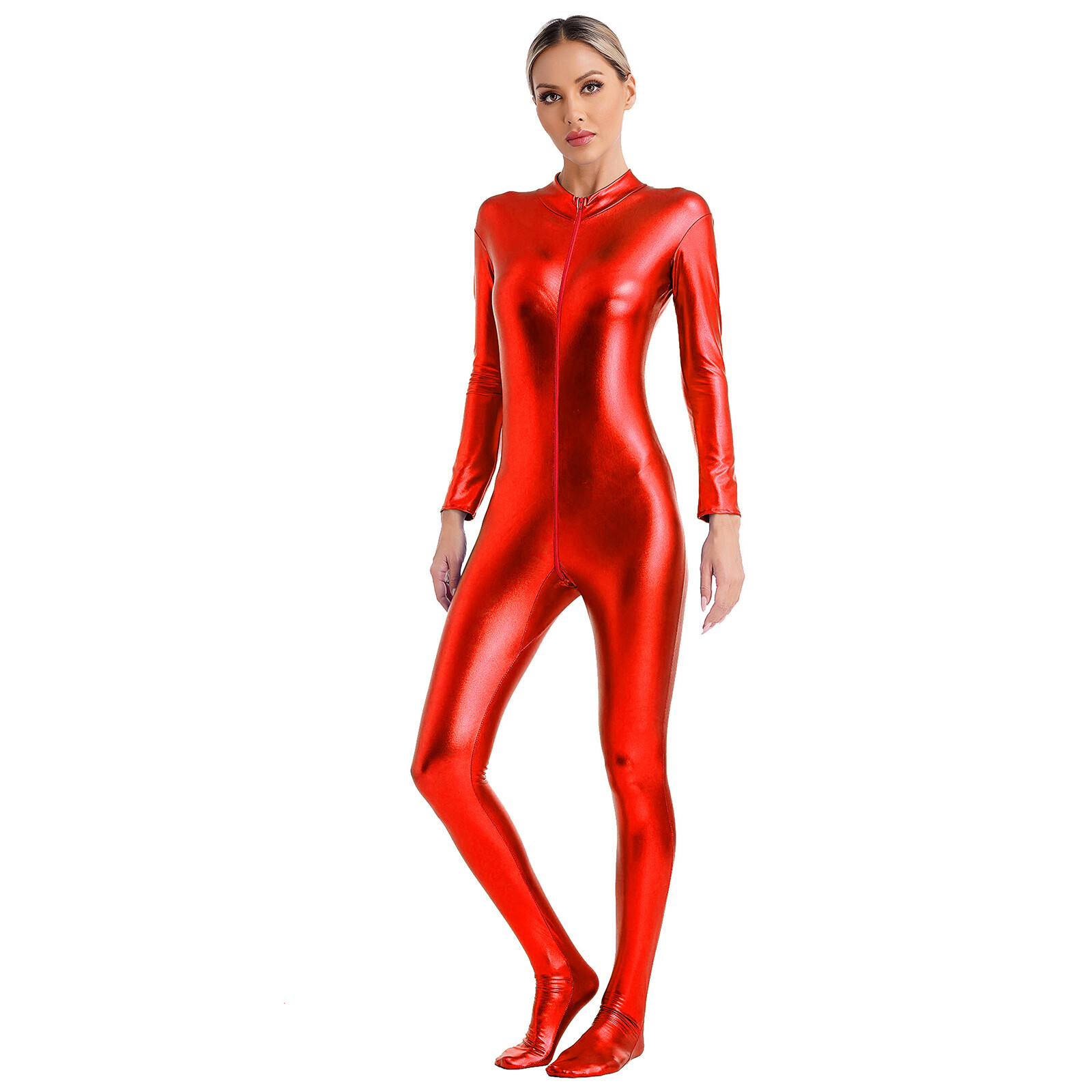 Womens Metallic Bodysuit Shiny One Piece Jumpsuit Catsuit Zipper Bodystocking