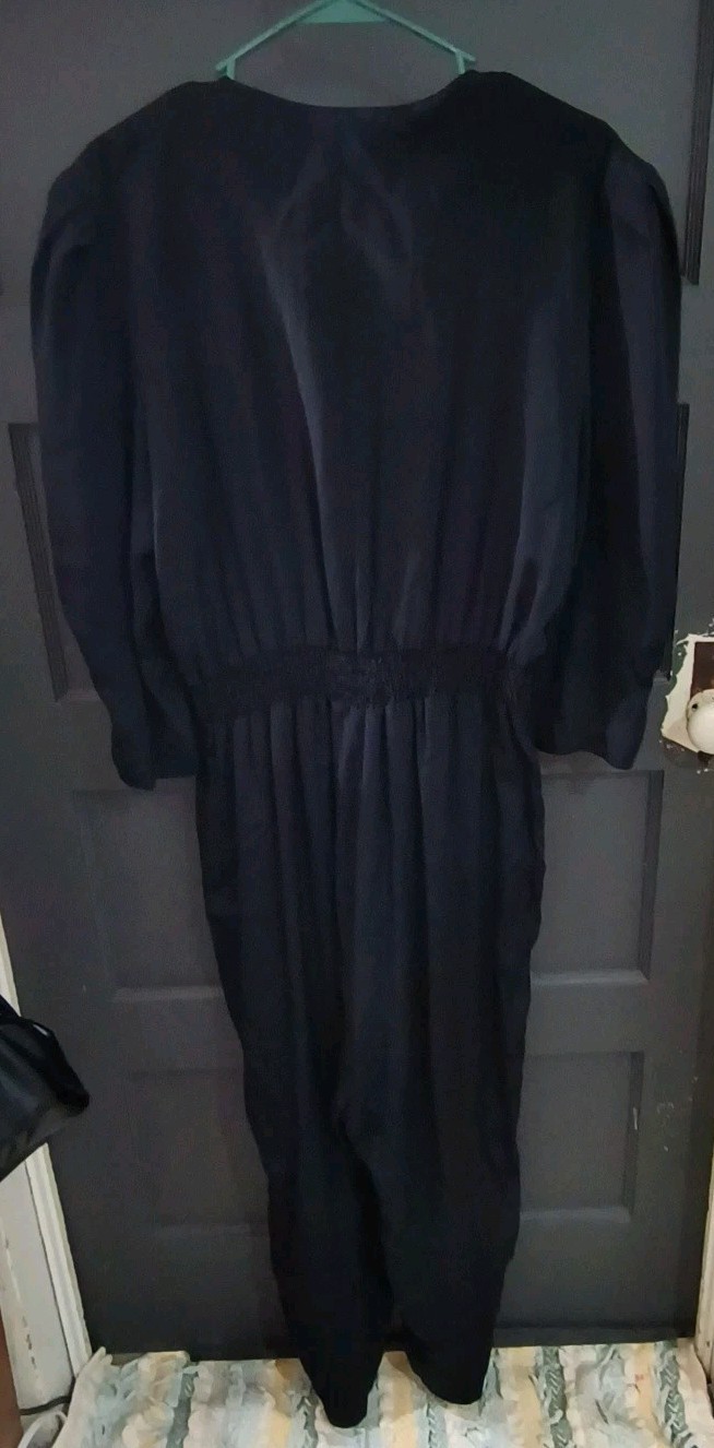 Vtg Jackie & Eric Black Jumpsuit Womens M/L Sweetheart Neck Puff Sleeve Goth 70s
