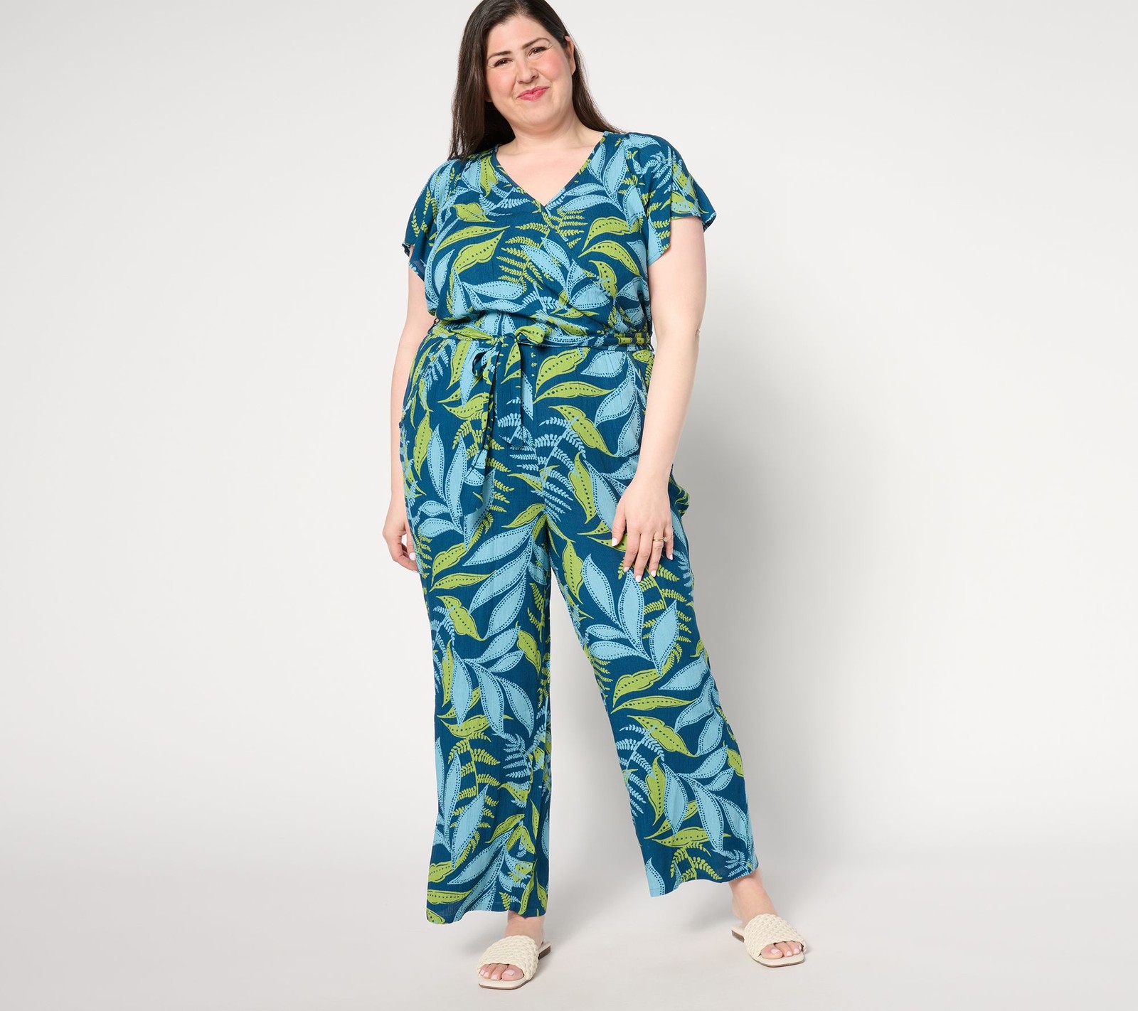 Anybody Regular Wide-Leg Faux-Wrap Vacation Jumpsuit Deep Teal S New