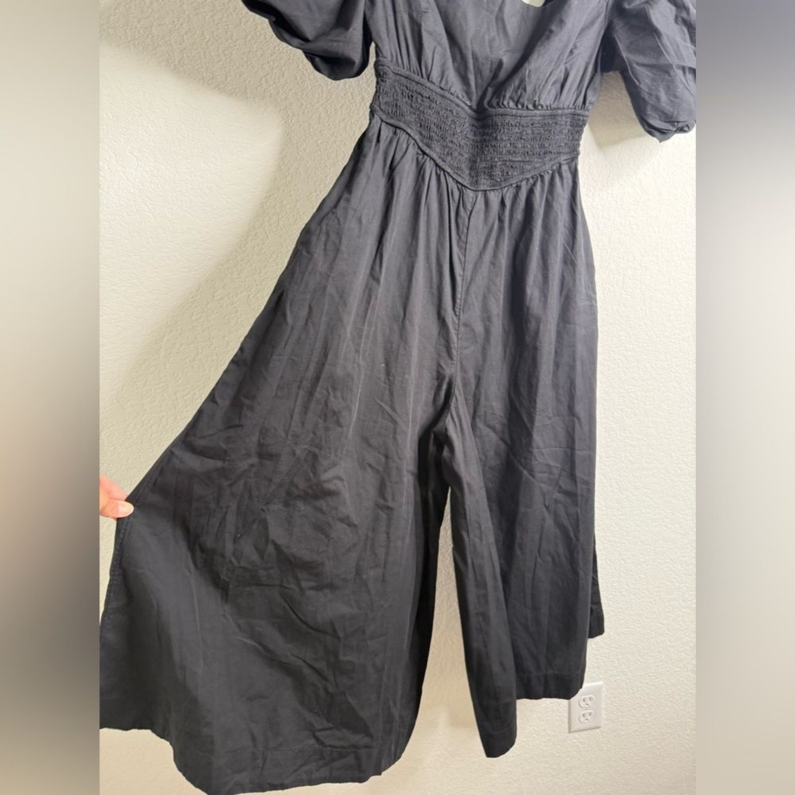 NWT Anthropologie Maeve Puff-Sleeve Smocked Culotte Jumpsuit Black Sz XS Tall