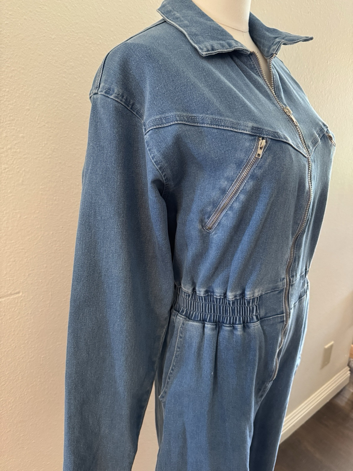 Unique Vintage Stretch Light Blue Denim Jumpsuit Zip Front 70s 80s Retro Pinup