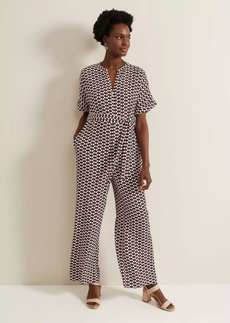 Phase Eight Andra Geo Multi Check Jumpsuit Front Zip Wide Leg UK 14 New