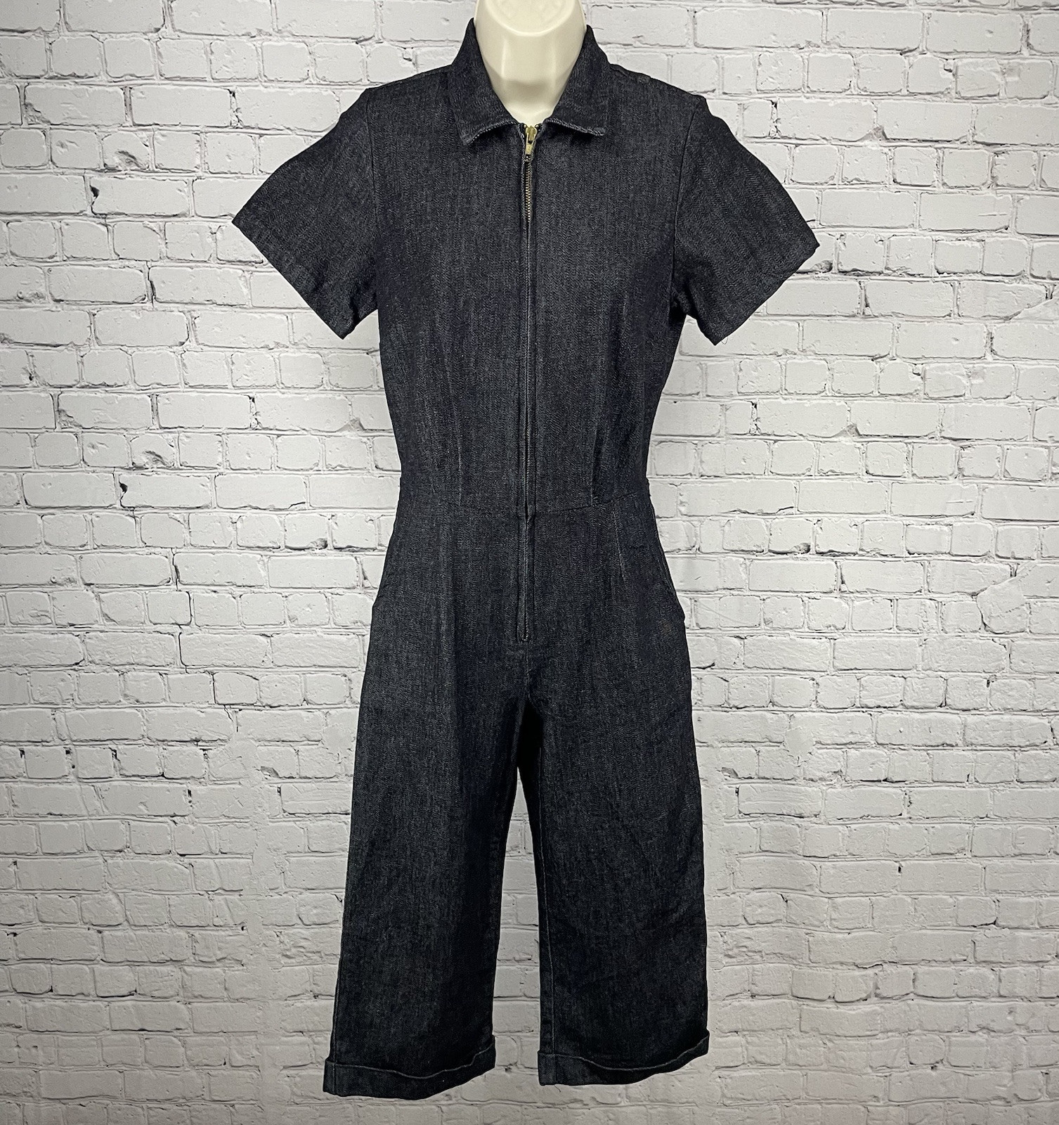VTG Billie Jo Retro Black Denim Zipped Crop Stretch Pocket Jumper Jumpsuit USA S