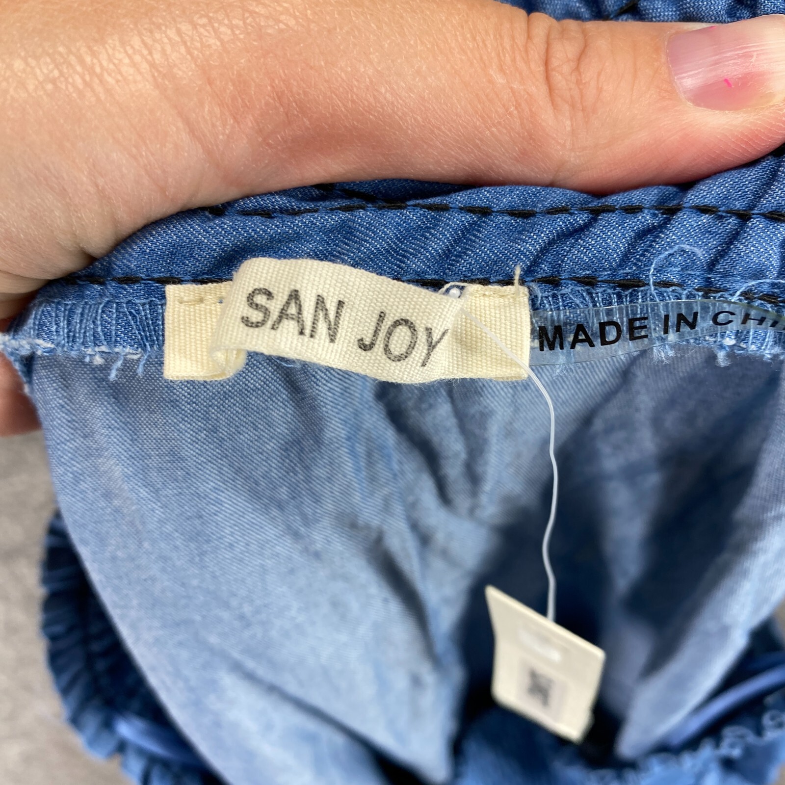 New San Joy Jumpsuit Women L Blue Elastic Waist Lined Cotton Short Sleeve
