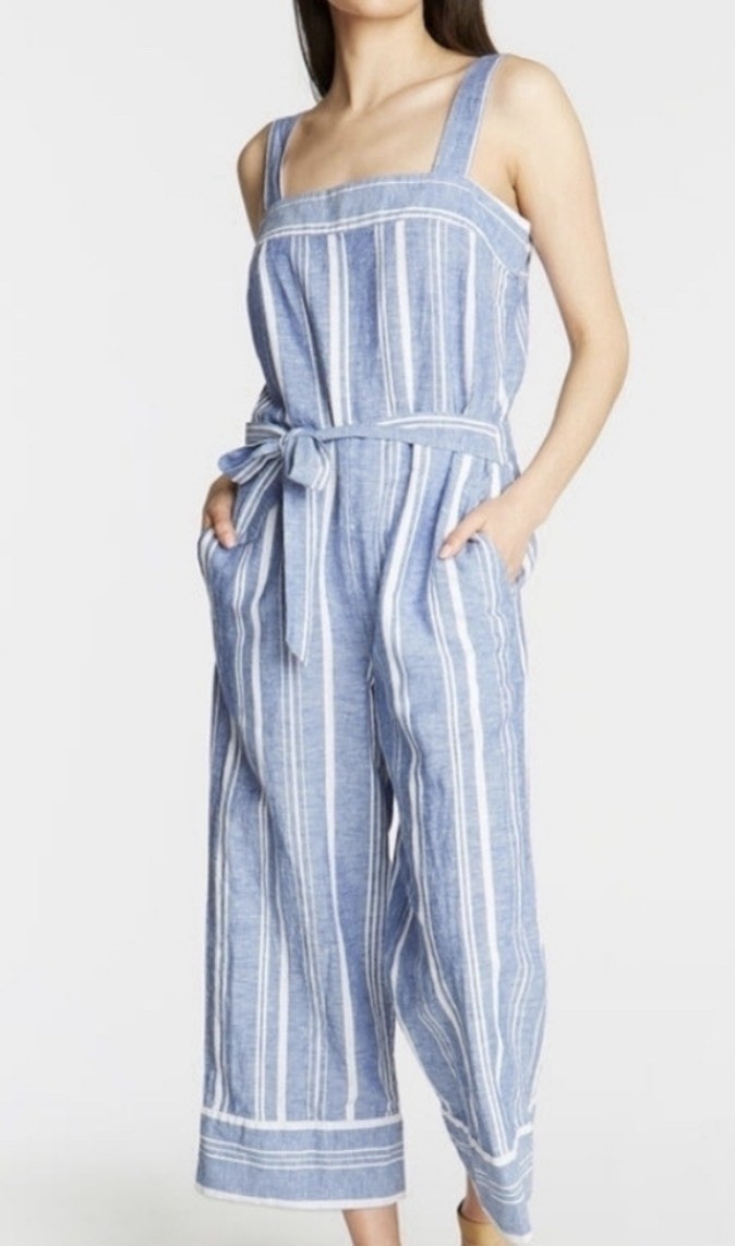 Nautica Linen Blend Jumpsuit Blue And White Wide Leg With Tie Waist
