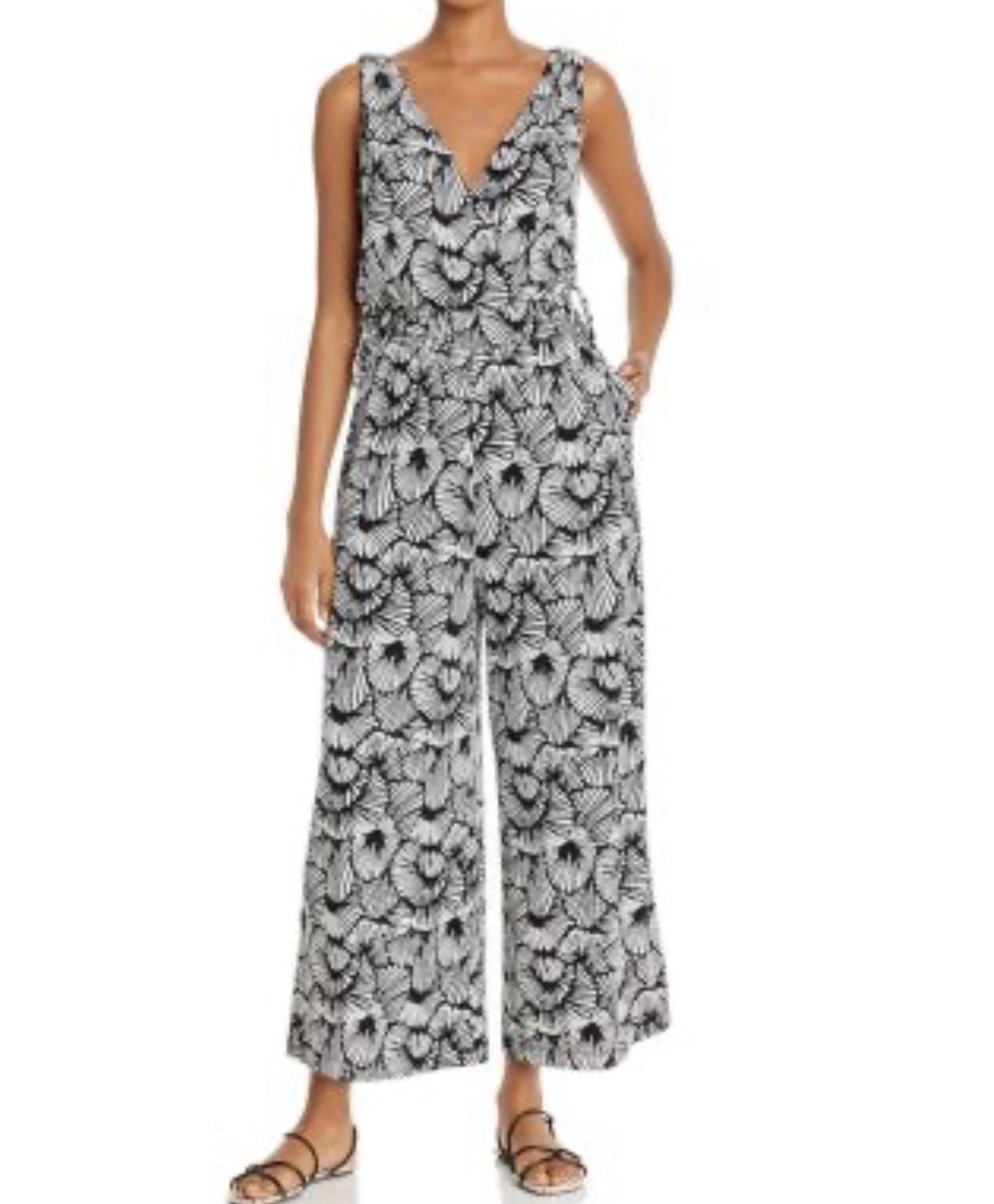 Tommy Bahama “Shell We Dance” V-neck Jumpsuit Wide Leg Black/White Med