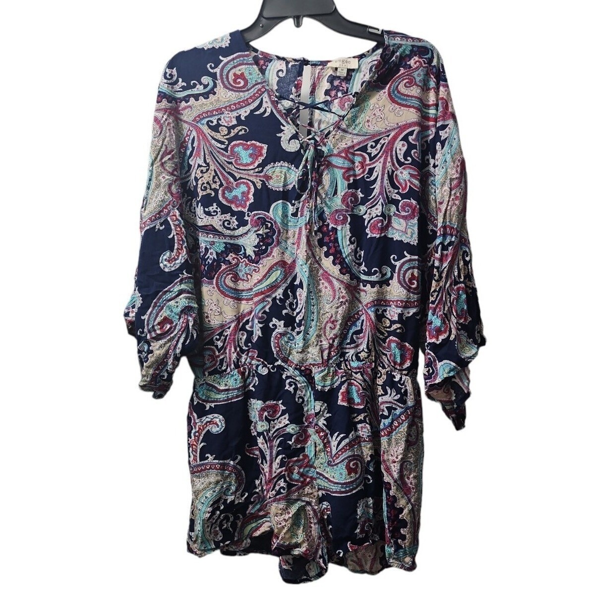 Umgee Paisley Print Romper Lace Up V Neck Casual Boho Chic Size M