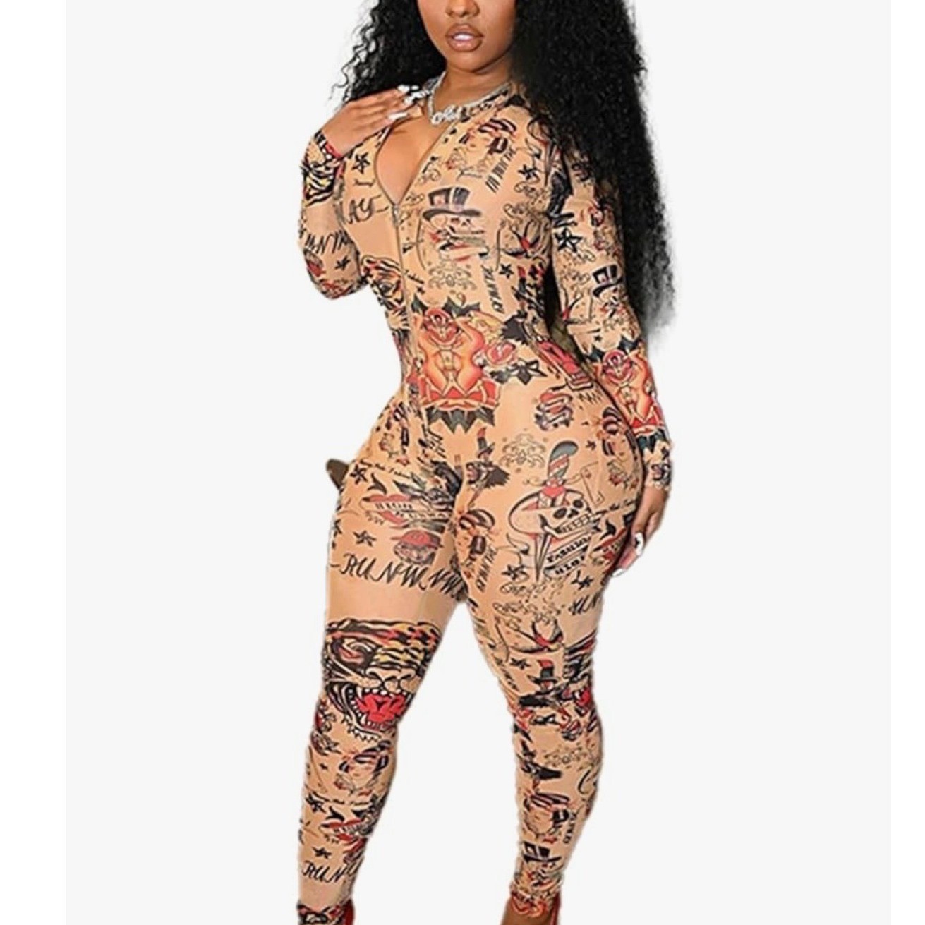 RISCUYY Women Tattoo Print Jumpsuit Khaki Stretchy Zipper Front Bodycon Medium