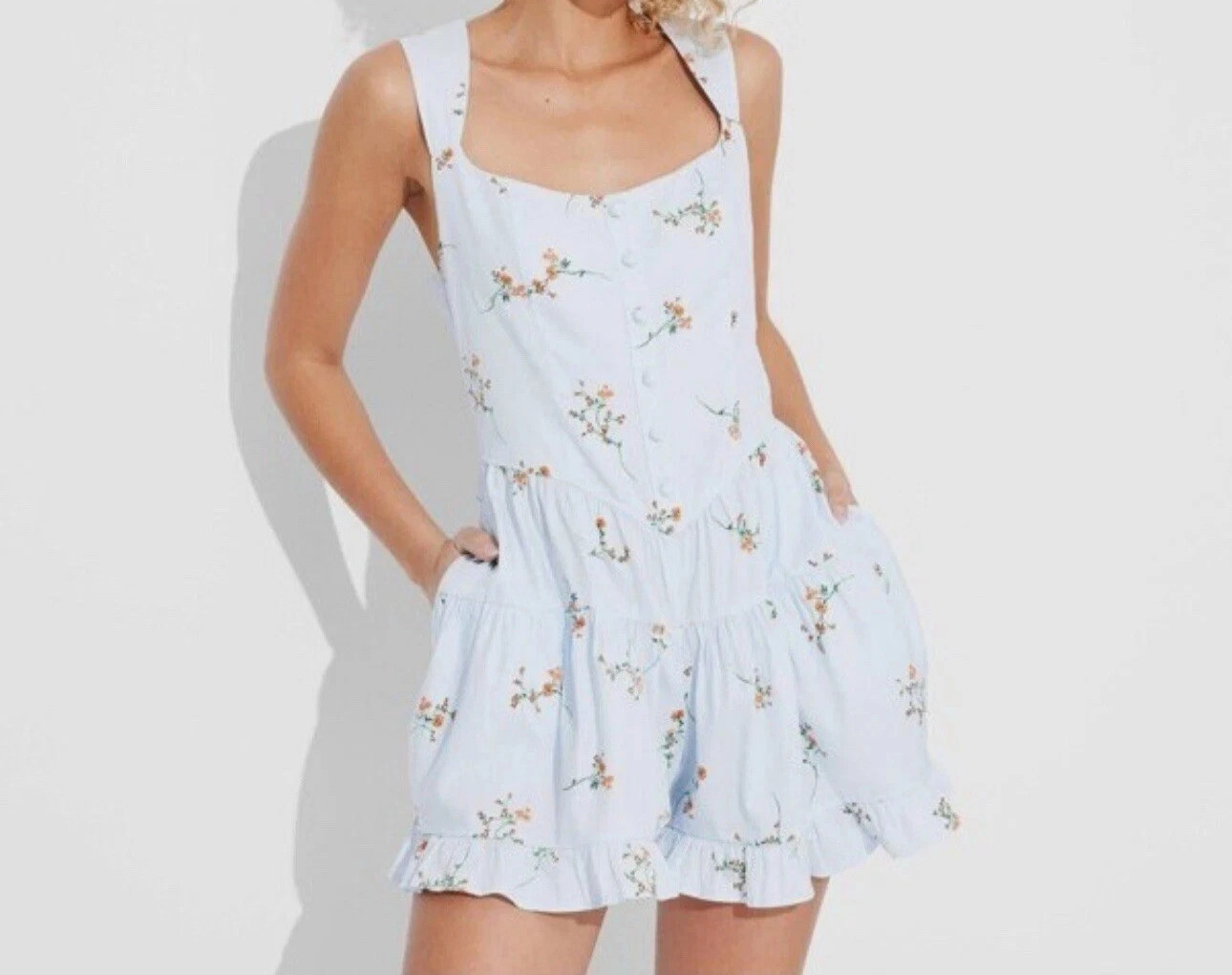 Wild Fable Romper Women’s Large Button Front Pocket Blue Floral Cottage Core New