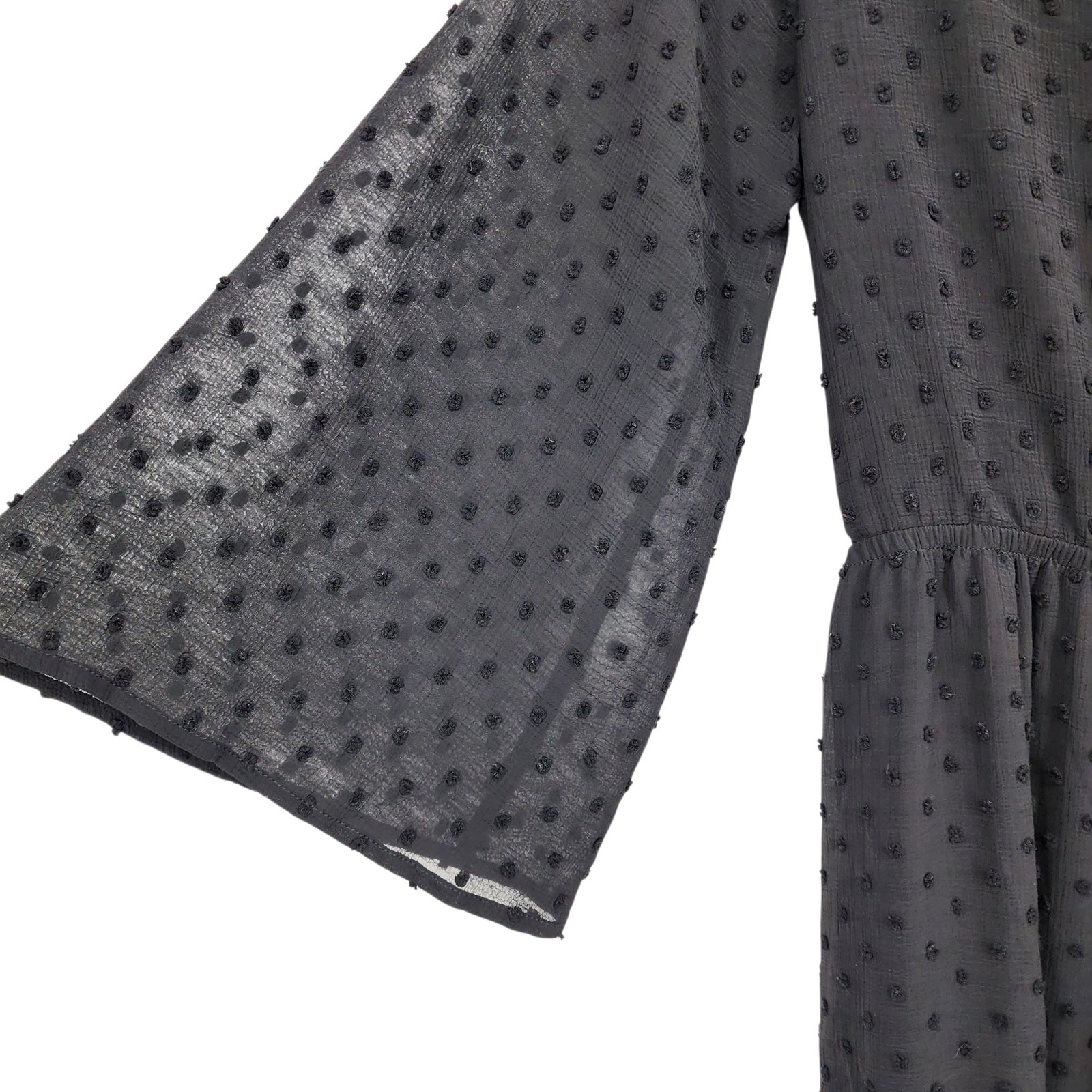 NWOT POL Black Swiss Dot V-neck Bell Sleeve Wide Leg Cutout Back Jumpsuit Size S