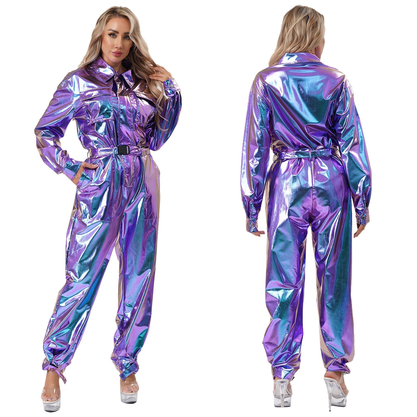 Women’s Overall Astronaut Rompers Disco Dancewear Metallic Bodysuit Long Sleeve