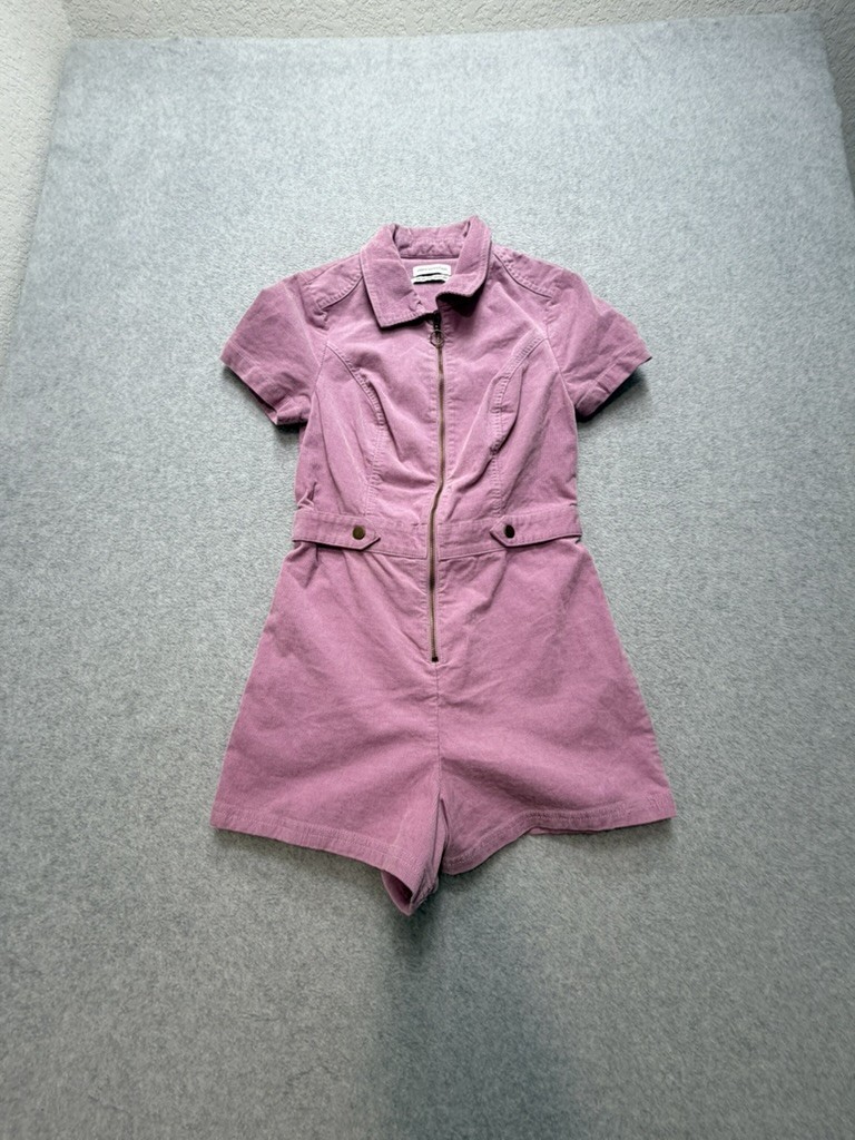 Urban Outfitters Womens Corduroy Romper Full Zip M Pink Short Sleeve Collared