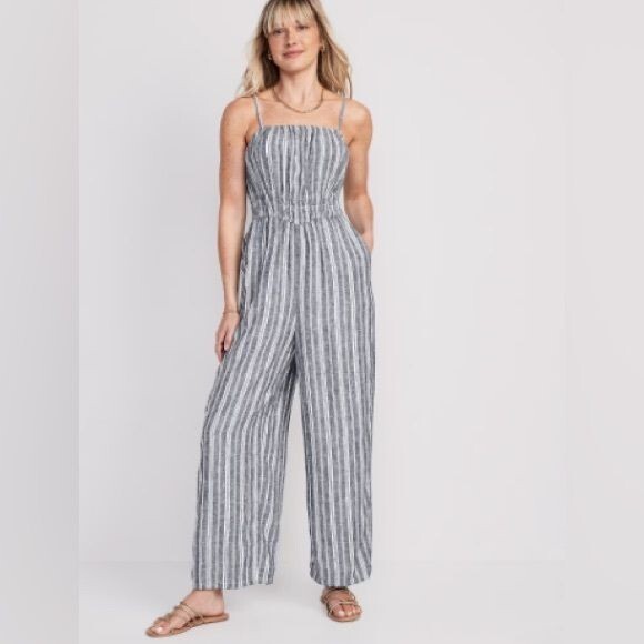 OLD NAVY Linen-Blend Cami Wide-Leg Smocked Waist Jumpsuit-Size XS TALL (29″ in)