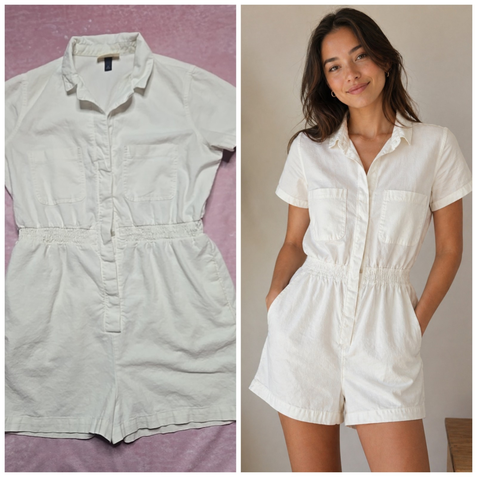 Universal Thread Linen Blend Ivory Elastic Waist Shorts Romper Size Medium