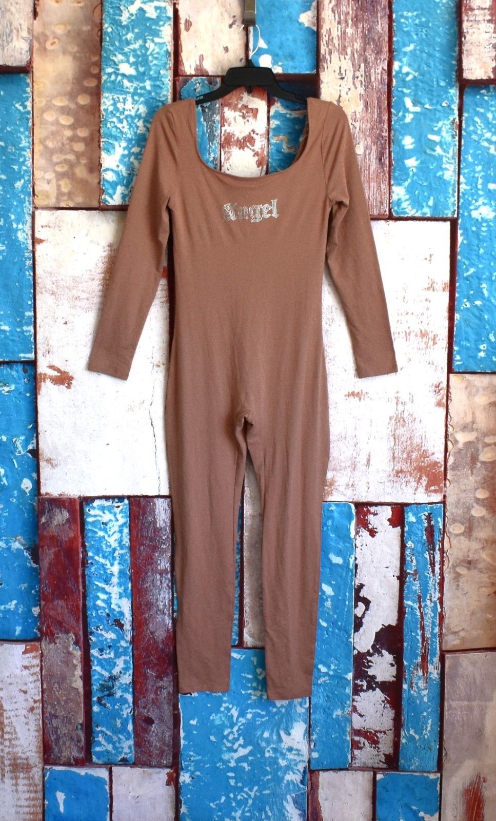 Women’s Forever 21 Rhinestone Angel Jumpsuit Long Sleeve Boat Neck MEDIUM Brown