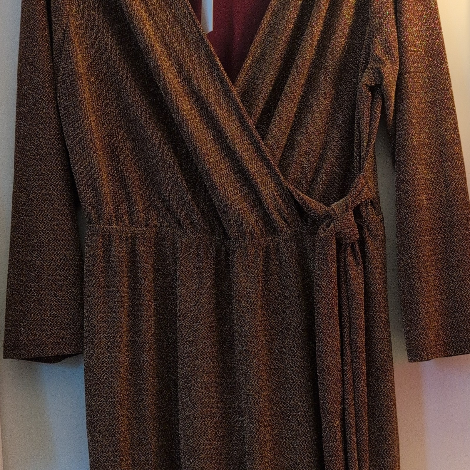 SOLID & CHIC Women’s XL Wrap Jumpsuit Brown Gold Metallic Long Sleeve Tie Knit