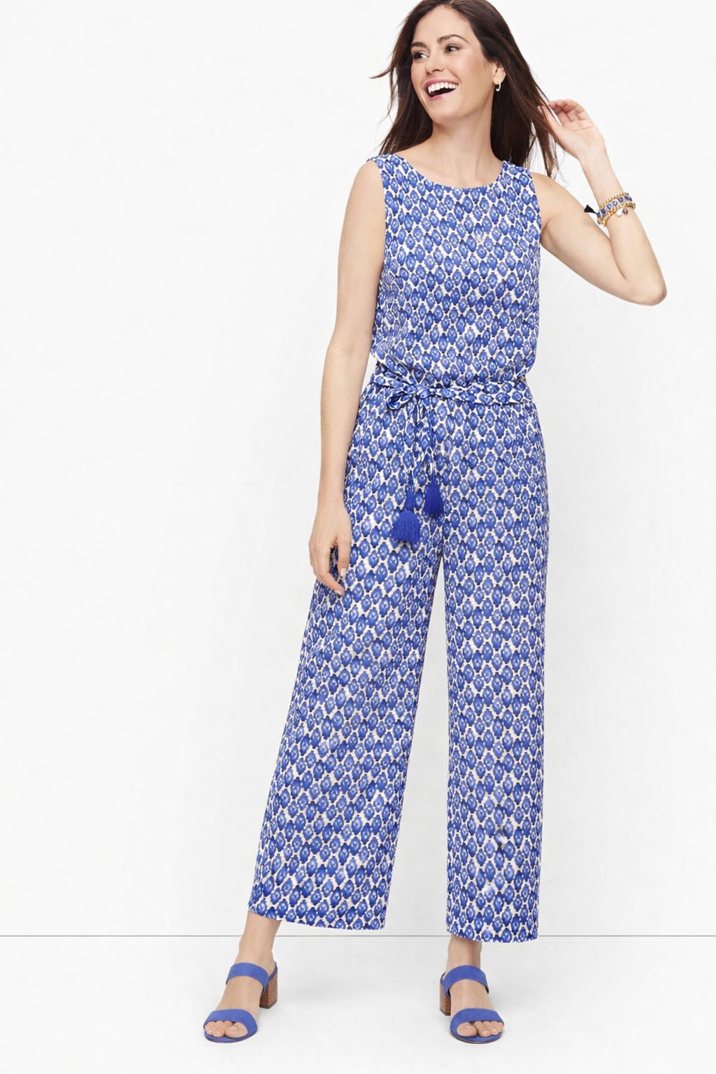 Talbots Sleeveless Boho Jumpsuit Size 6 Blue Print Wide Leg NWT