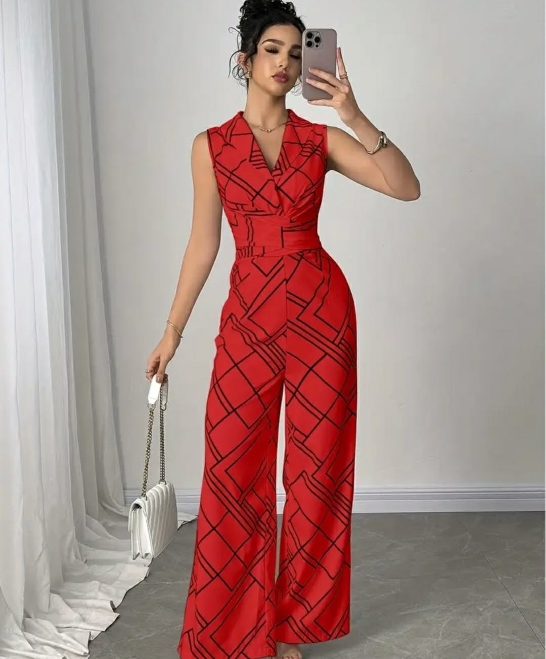 New Red Geometric Wide-Leg Jumpsuit V-Neck Women’s Size XXL (Fits US L/XL)