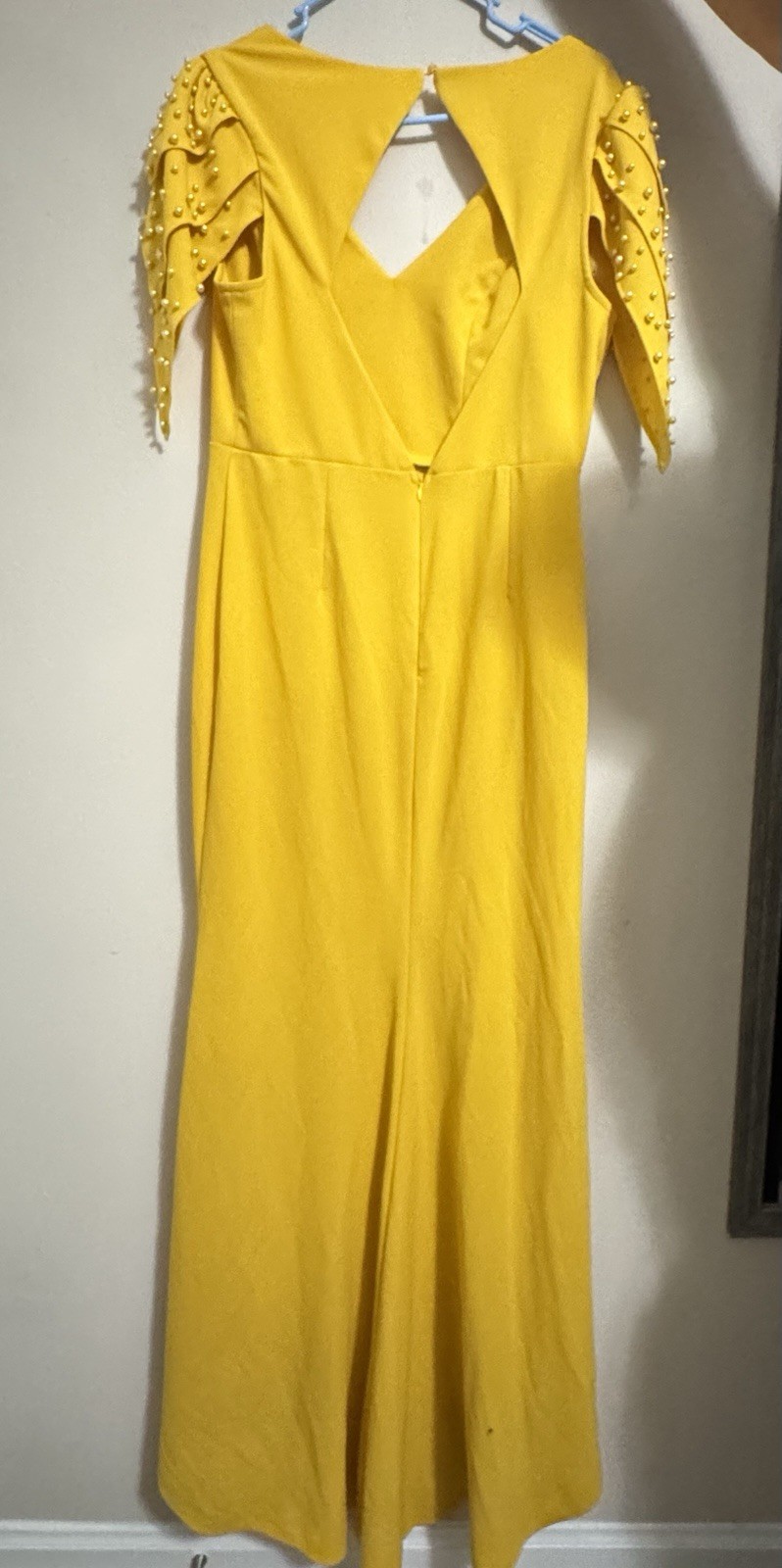 Women’s Yellow Solid V-Neck Studded Short Sleeve Jumpsuit, Size M