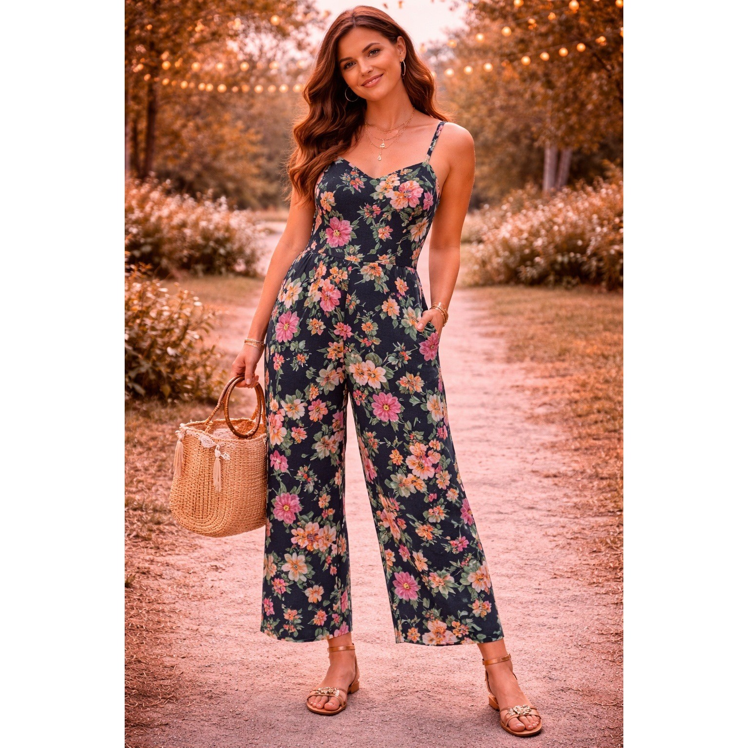 Boho Cottagecore Floral Smocked Back Linen Blend Wide Leg Navy Pink L Romper