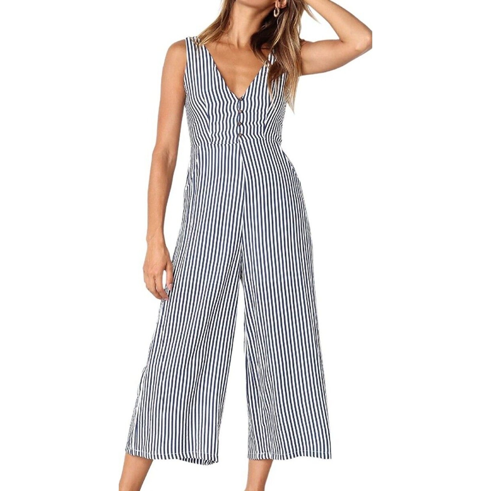 ecowish jumpsuit womens sz med striped vneck buttons to waist pockets NWT 0328