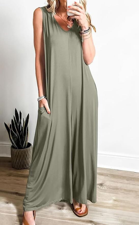 Women Sleeveless Wide Leg Jumpsuit V Neck One Piece Jumpsuit Flowy Jumper Romper