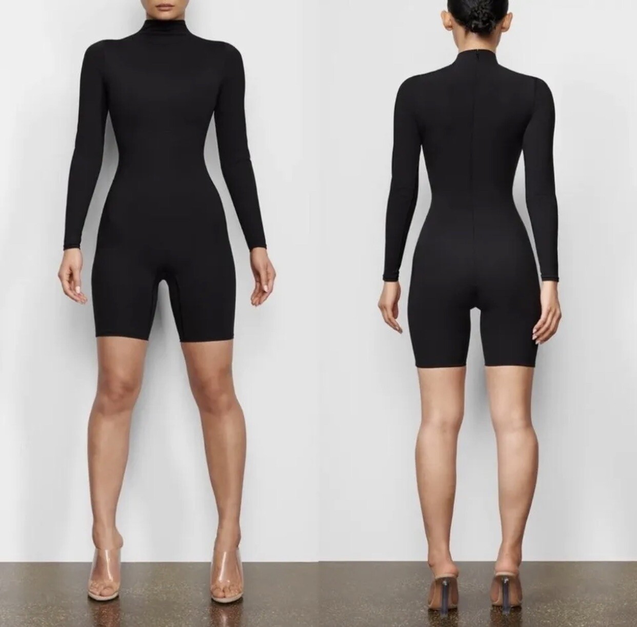 Skims All In One Long Sleeve Mid Thigh One Piece Romper in Onyx XXS New No Tags