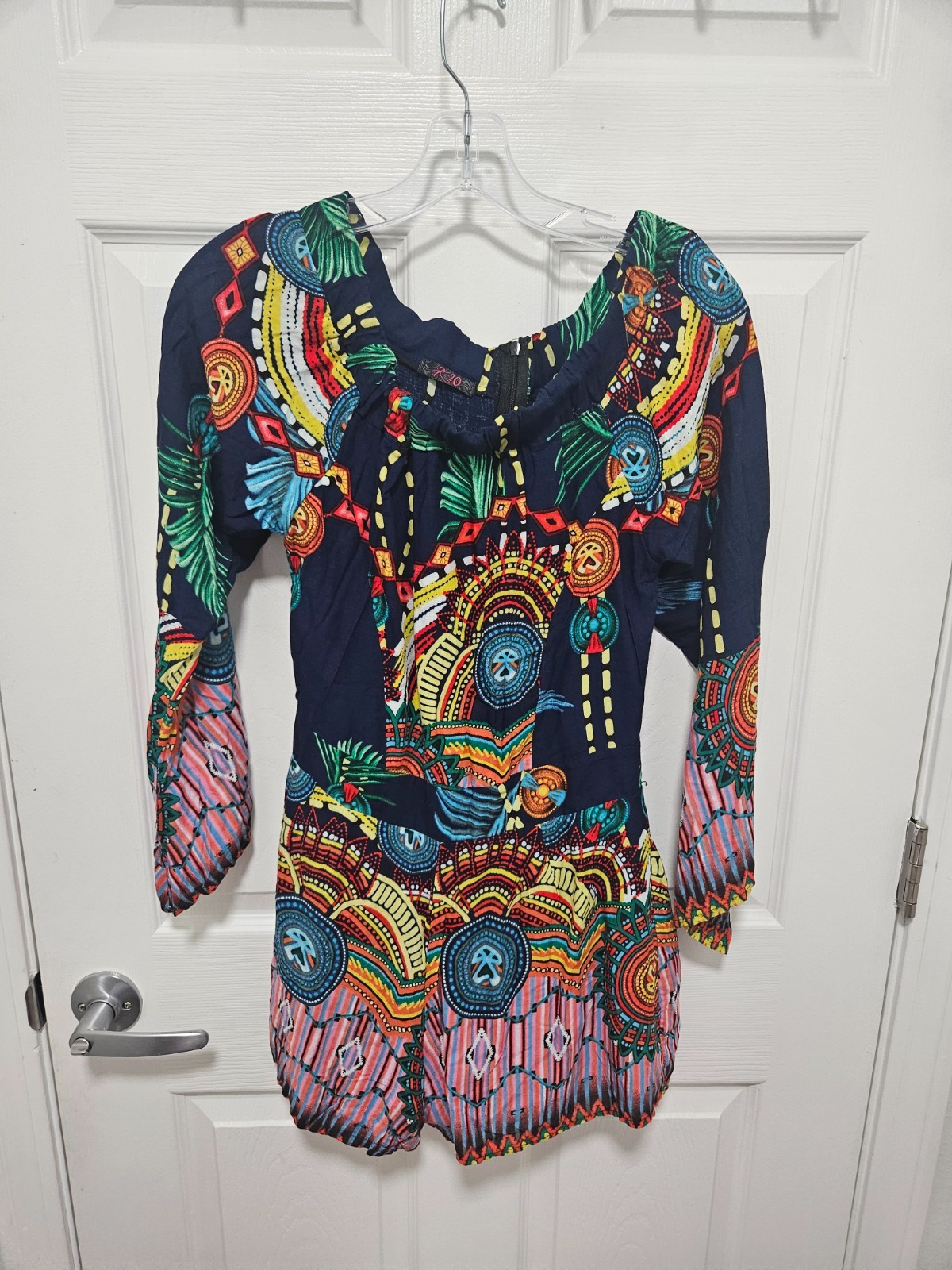 Brazil K 20 Women s Boho Tribal Print Romper Long Sleeve Navy Multi Color Size M