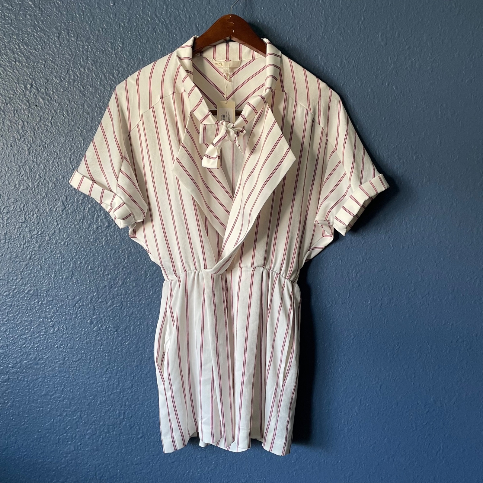 NWT Maje Imaly Pin Stripe Front Pleat Tie Neck Romper Women’s Size XS 34 Pockets