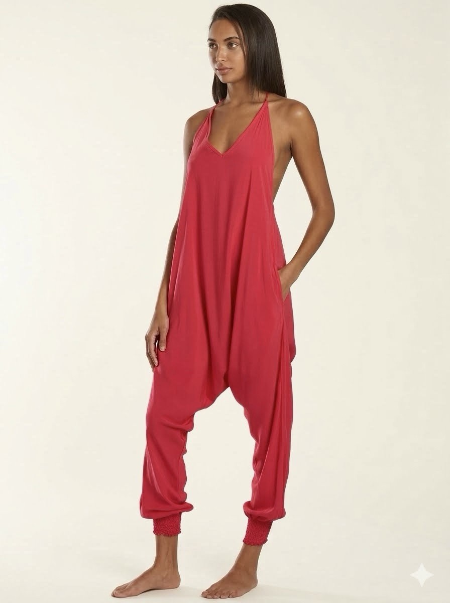 Buddha Pants The Savannah Harem Jumpsuit Womens M Red Travel Athleisure Halter