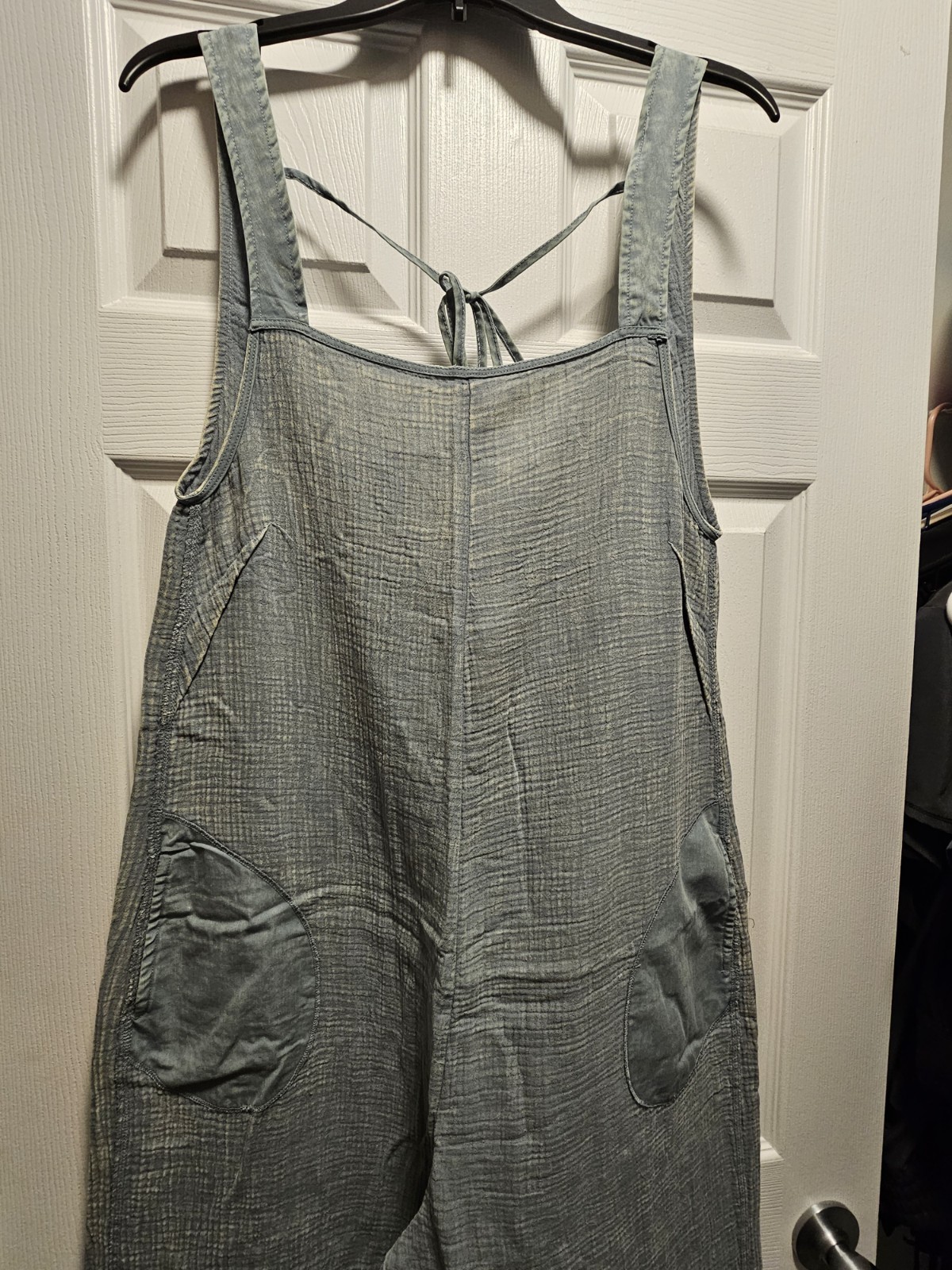 Zenana Outfitters Blue/Gray Sleeveless Wide-Leg Jumpsuit L Tie Back Pockets