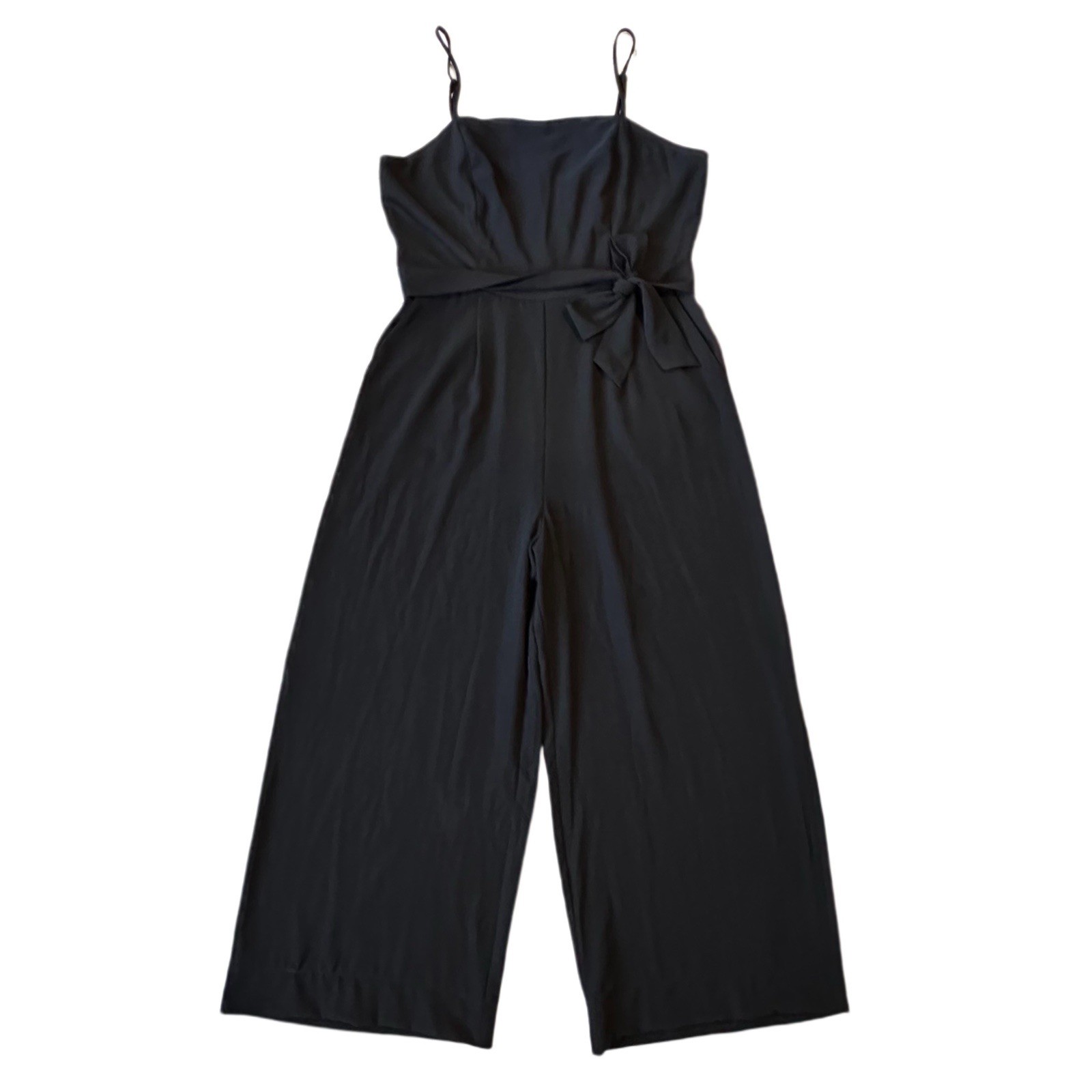 Nine West Women’s L Black Jumpsuit Spaghetti Strap Wide Leg Pockets Belted