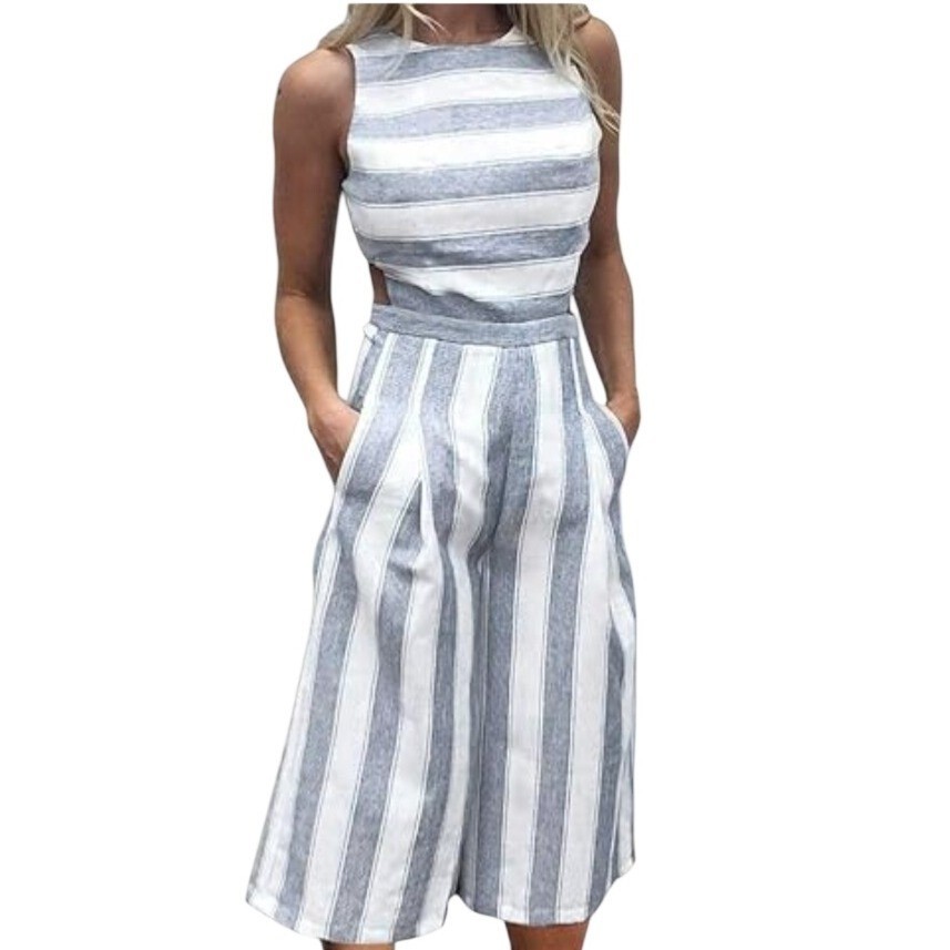 FANCYYINN Blue Striped Sleeveless Cropped Wide Leg Jumpsuit Size XL Coastal