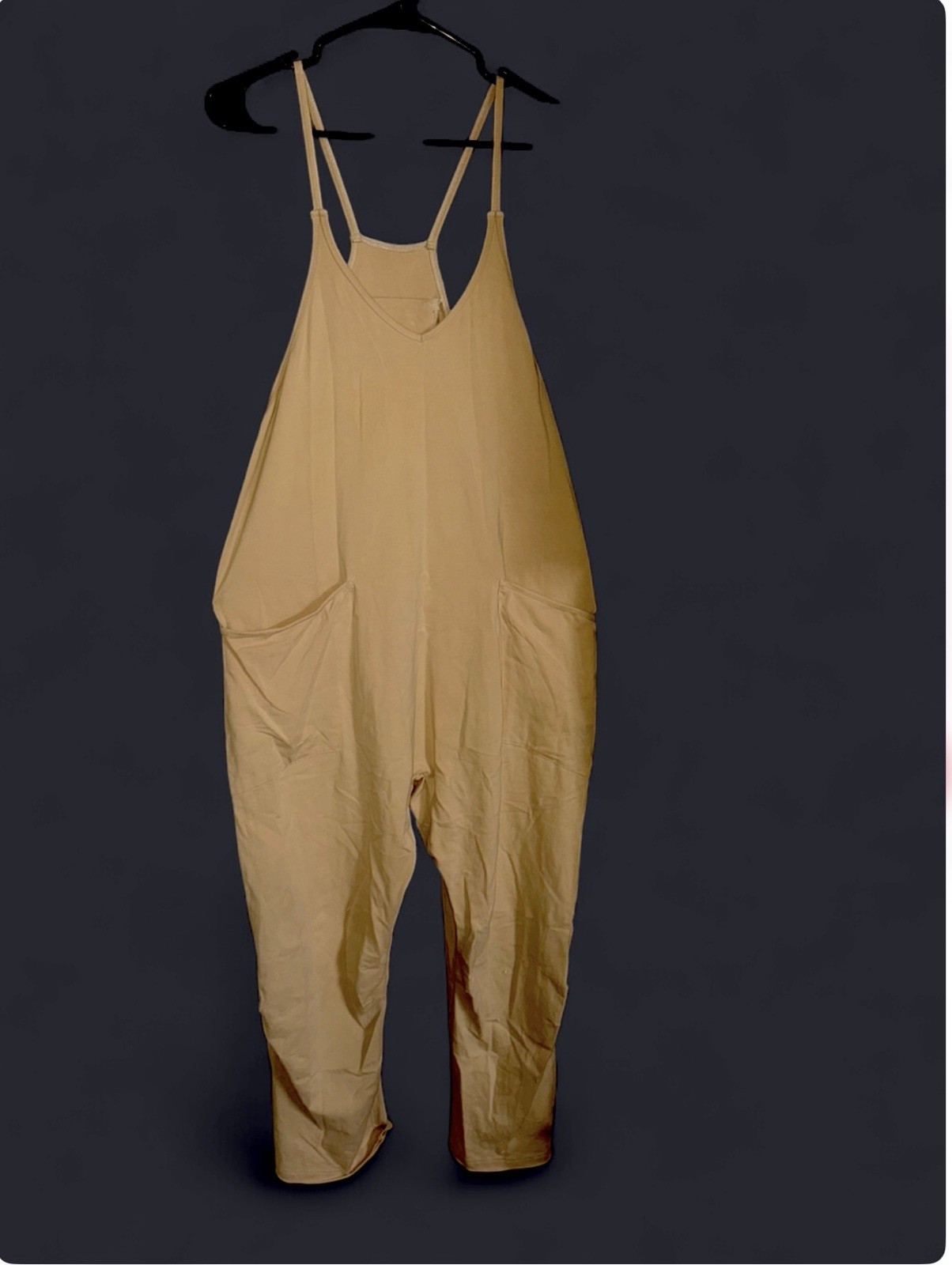 Beige Sleeveless Relaxed Jumpsuit Scoop Neck Tapered Leg Pockets Women