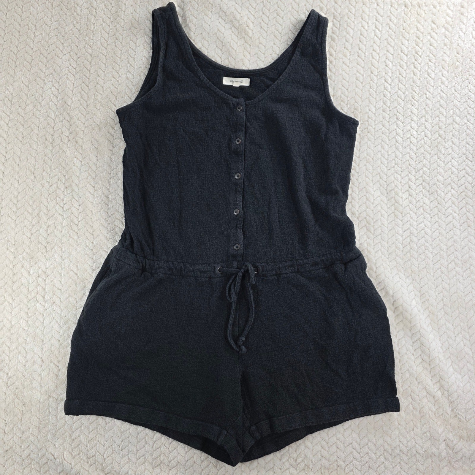 Madewell Women Small Black Textured Cotton Button Front Romper Waffle Knit