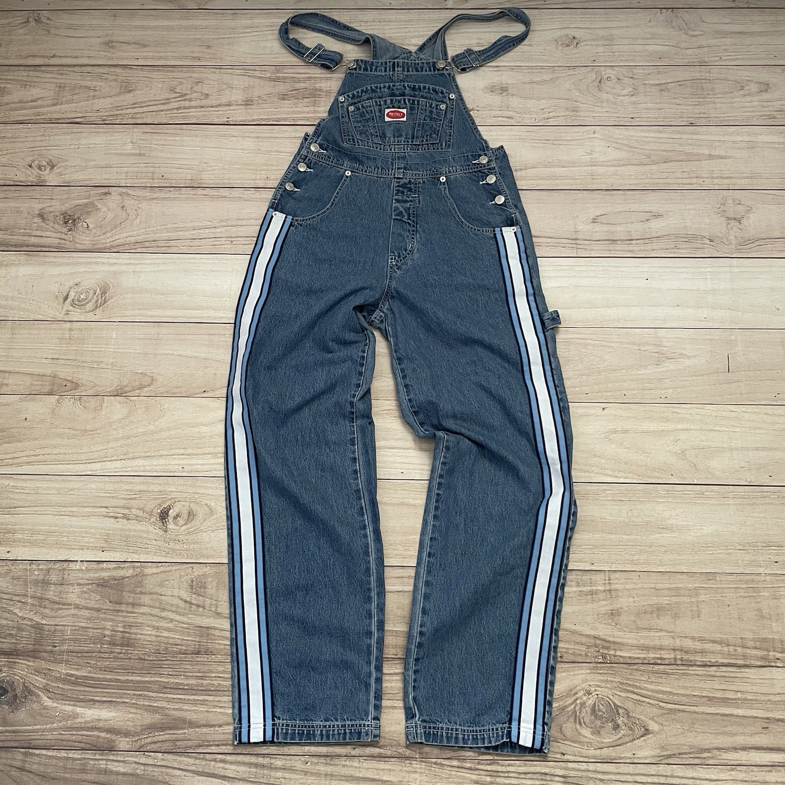 Vintage 90s Revolt Denim Overalls Women Small Blue Bib 100% Cotton Striped Trim