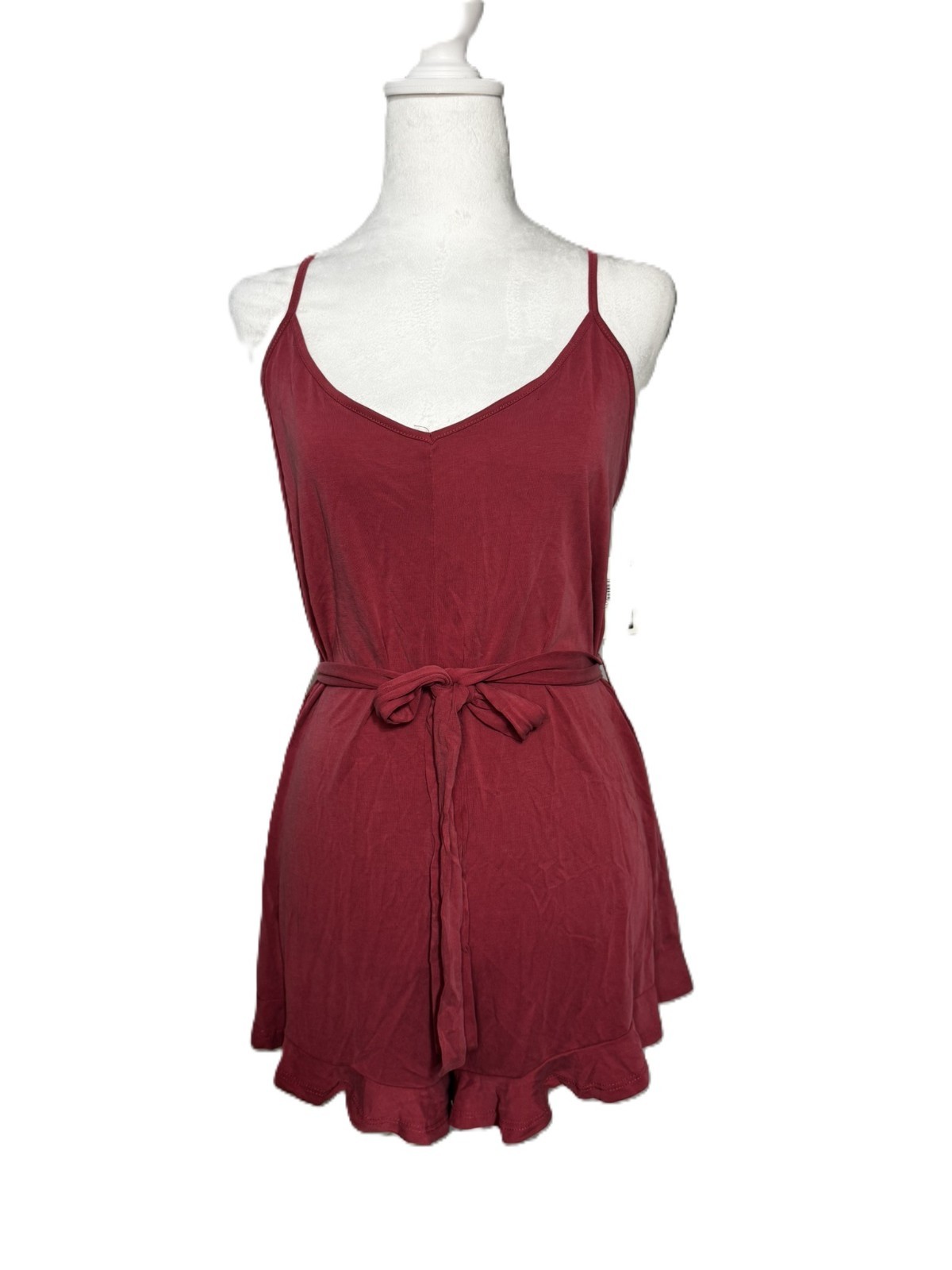 Burgundy Wine Tie Waist Romper Women Size M Chic Minimalist Date Night Outfit