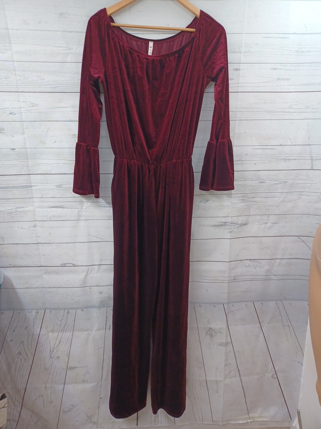 MTS Velvet Jumpsuit Burgundy Red Long Sleeve Stretch Sz L Straight Leg
