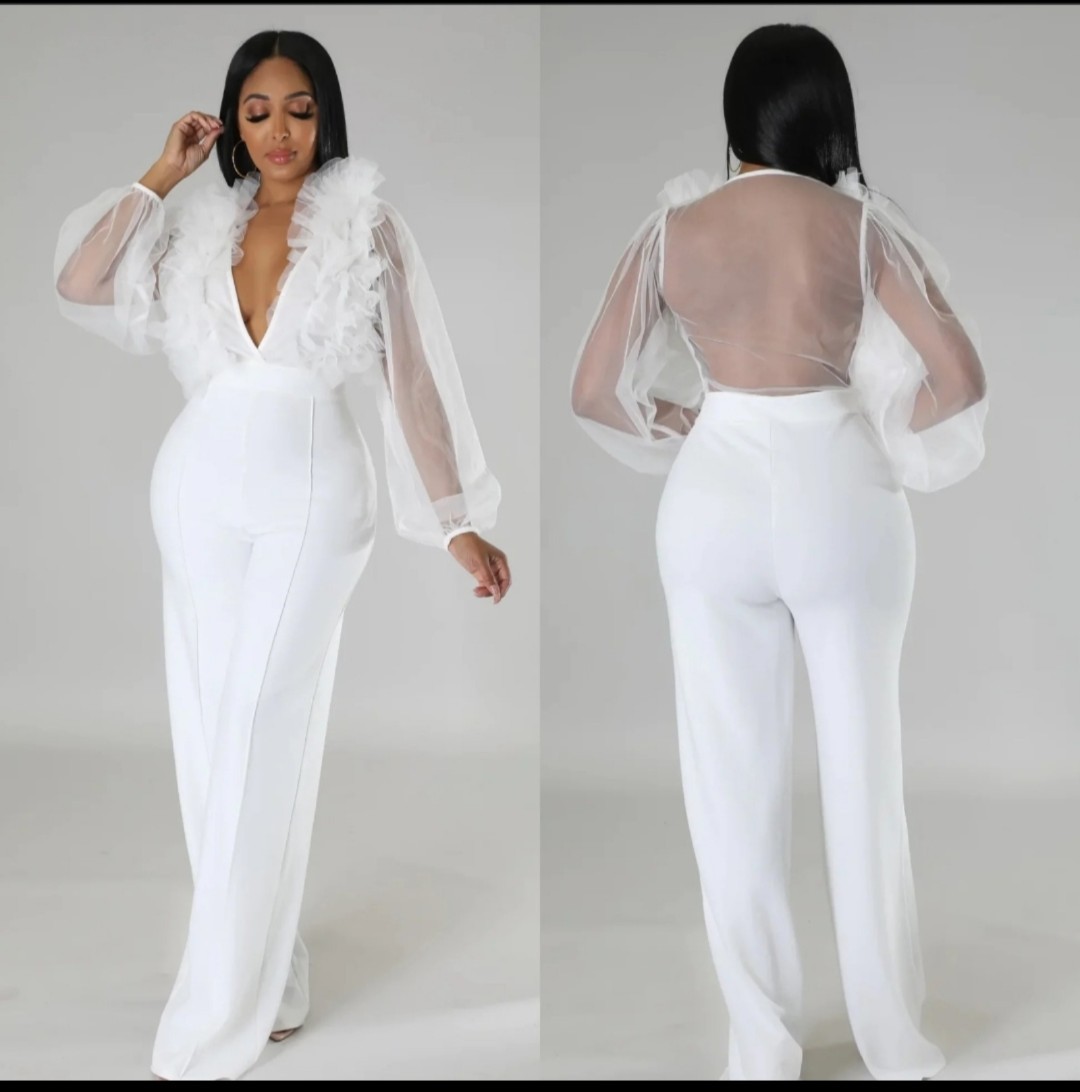 Ivory Sheer Top Ruffle Jumpsuit
