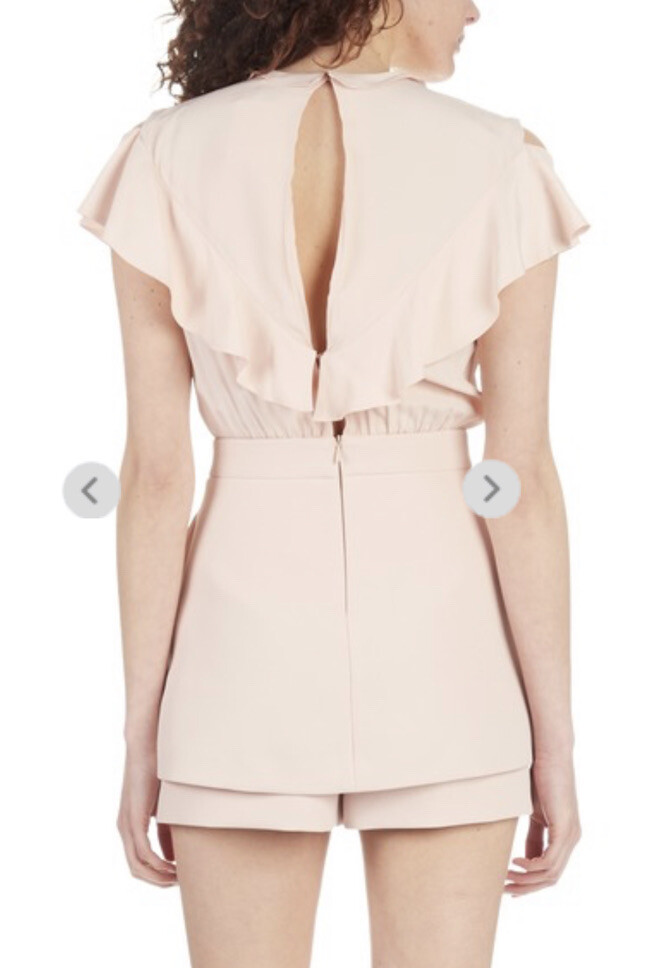 $415 NWT Maje Ruffled Pink Acetate Silk Romper Playsuit Size 36 Xs/small