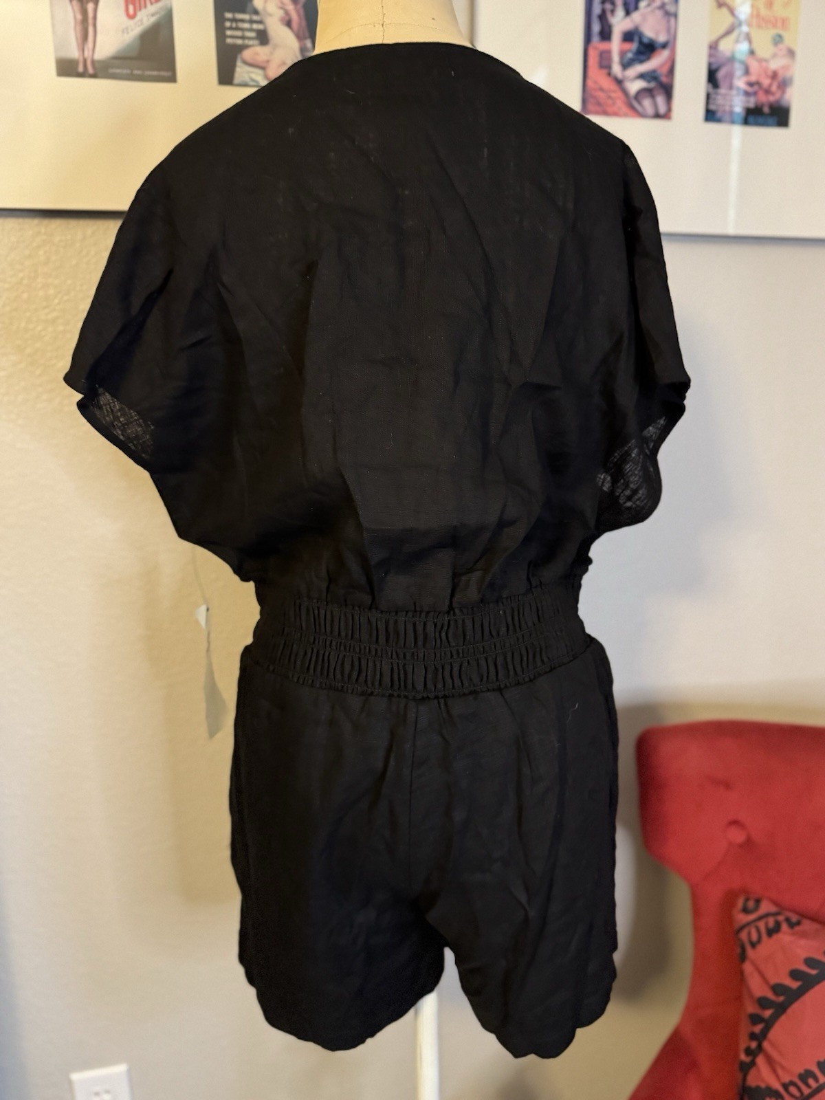 Mono b Black Linen Short Sleeve Shorts Romper Size M With Pockets NWT